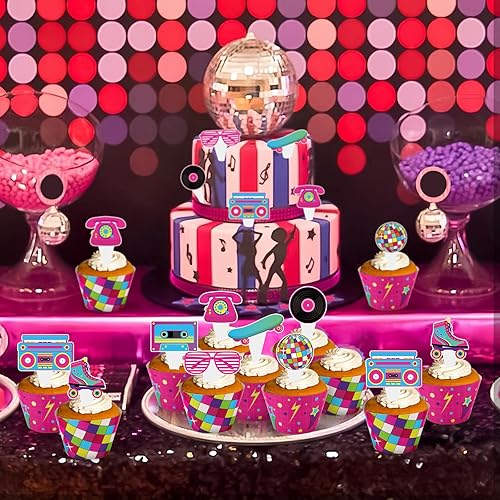 Miniatura 5 de Paquete de 48 adornos y envoltorios retro para cupcakes, decoración retro de neón para tartas de fiesta temática de los años 80 y 90, suministros de