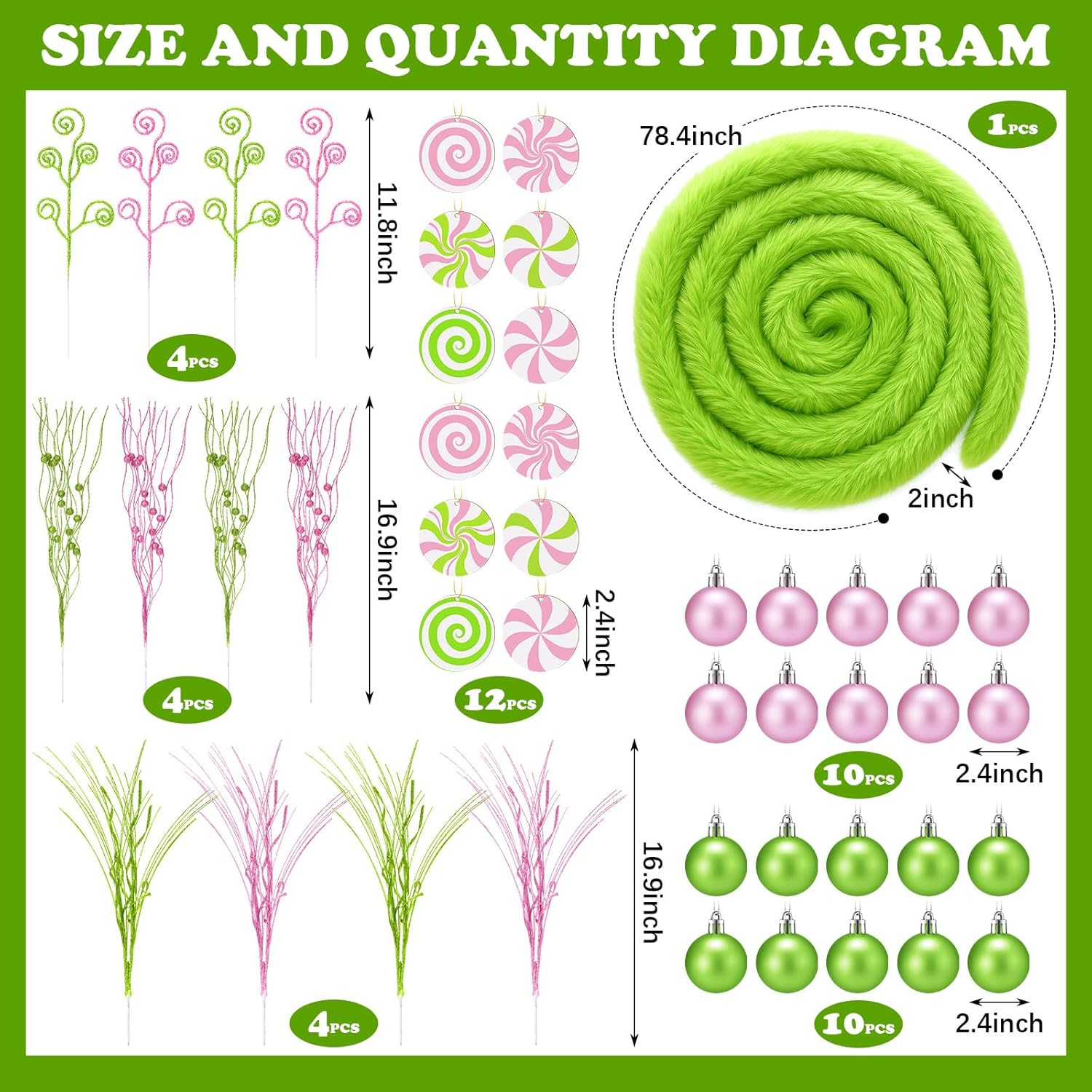 45 Pcs Pink Green Christmas Tree Decoration Set Pink Lime Green Artificial Glitter Curly Spray Picks Christmas Ball Ornaments Garland Wood Candy Hanging Decor for Xmas Tree Home Decoration