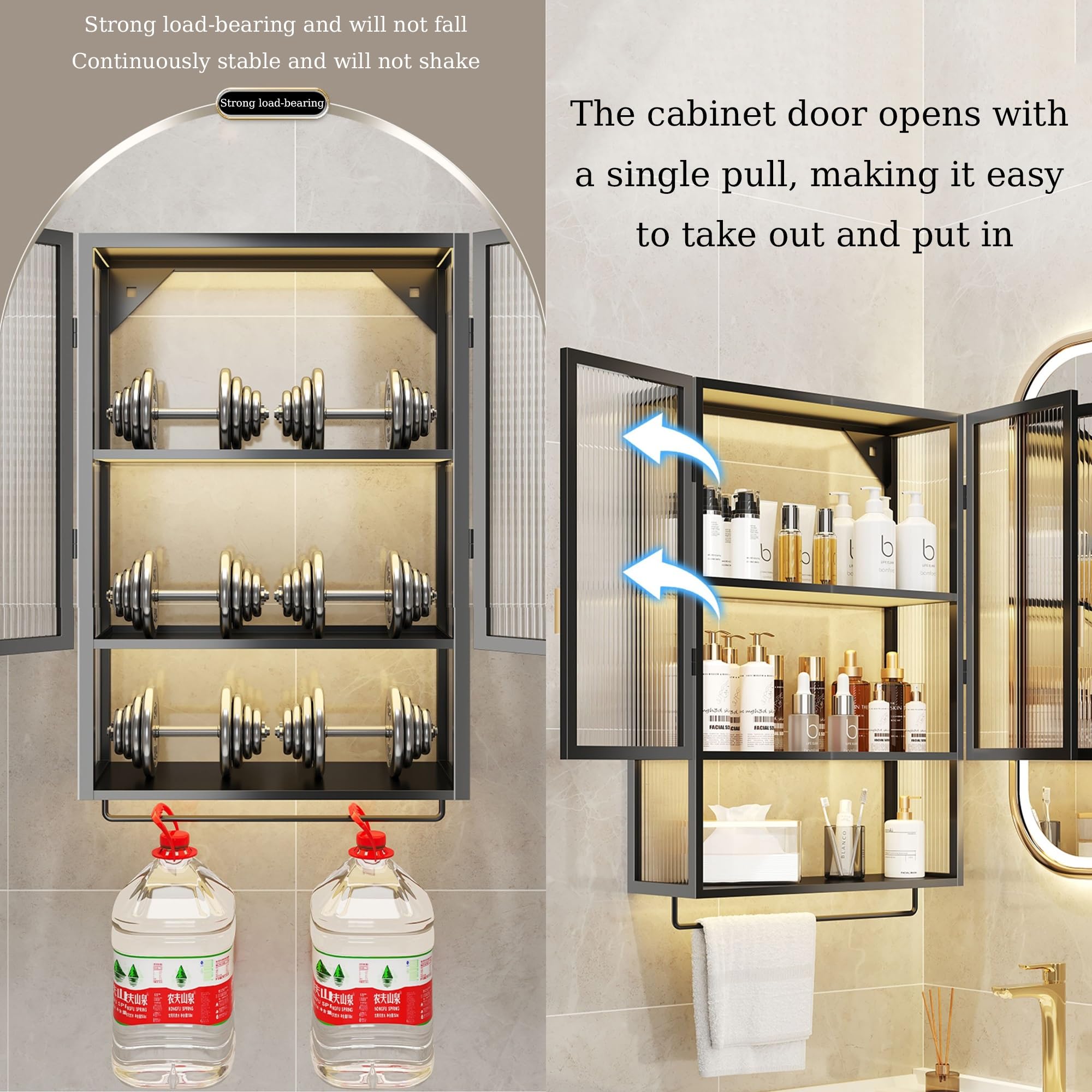 Armadietto da parete moderno nero elegante in metallo con anta in vetro, facile installazione, ideale per bagno, soggiorno, cucina, soluzione salvaspazio