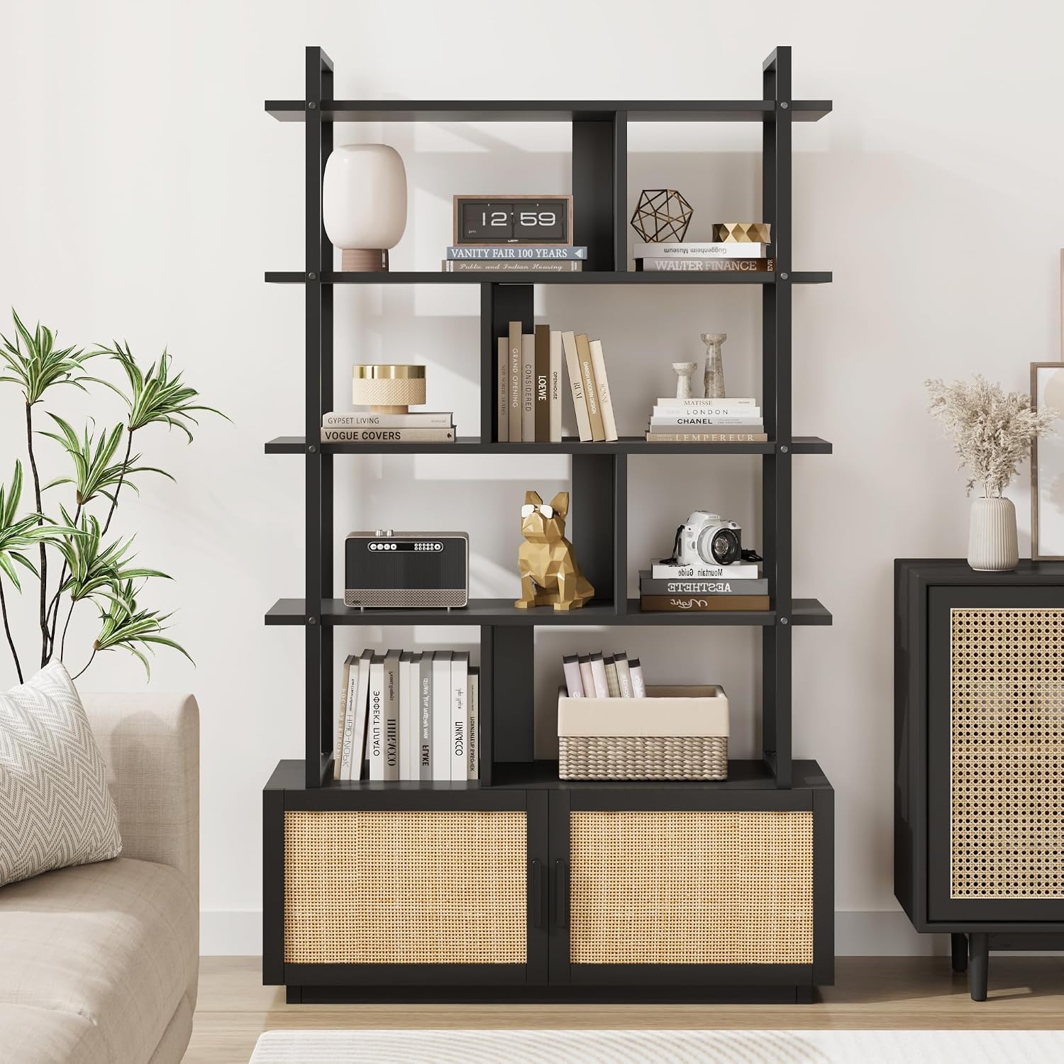 Rattan Book Shelf 5 Tier Bookcase with Storage Cabinet & Door Industrial Bookshelf Wood and Metal Storage Organizer Display Standing Shelf Unit Bookshelves for Living Room, Bedroom, Home Office