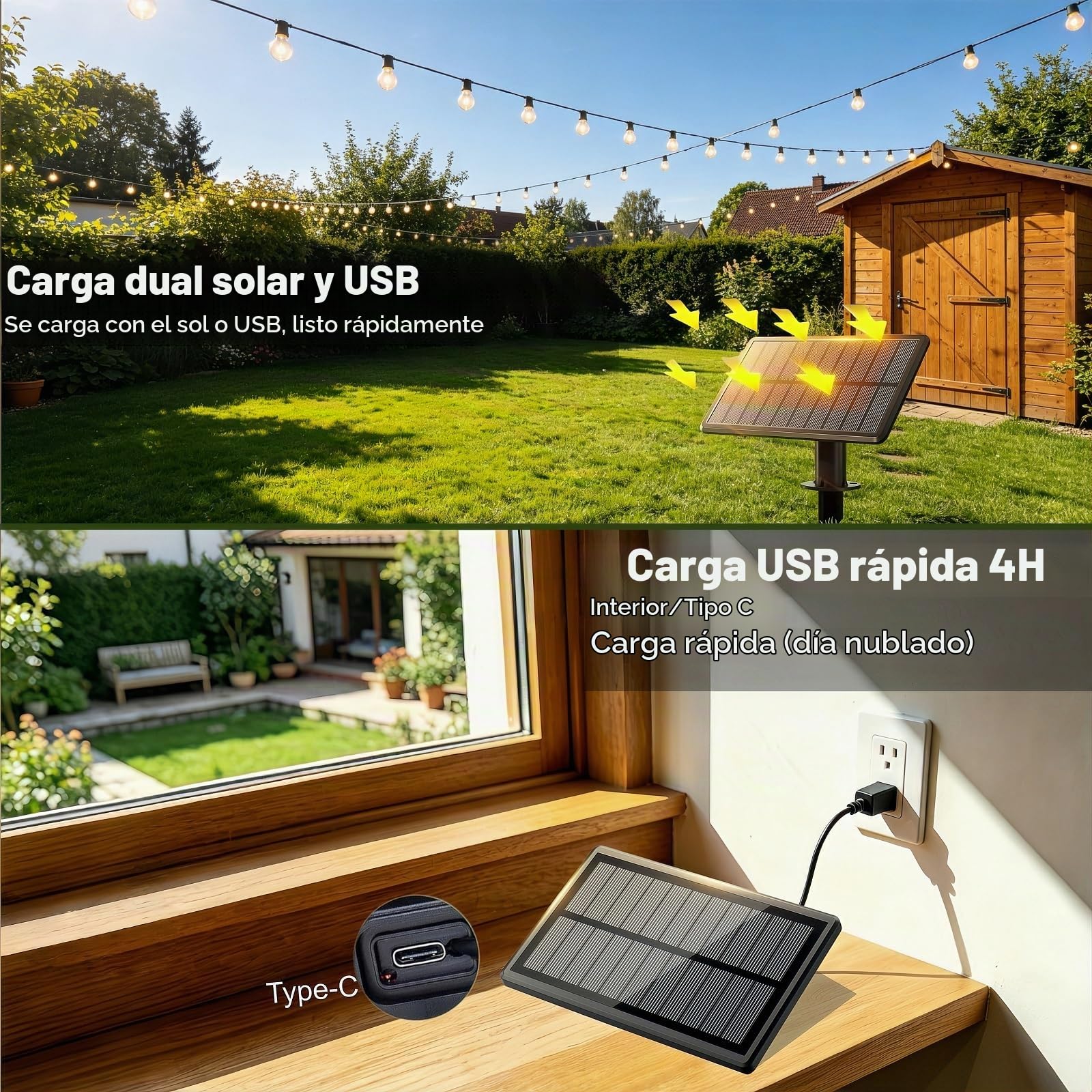 Guirnaldas Luces Exterior Solar 15M, Impermeables Regulable | Luces Exteriores con 20+1 Bombillas Irrompibles, Carga solar o USB, 3 Modos, Ideal para Terrazas, Jardines, Balcones, Fiestas