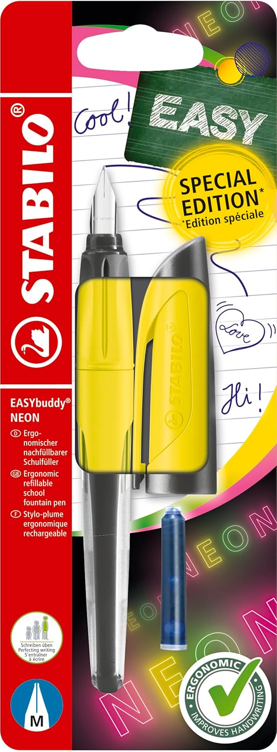 STABILO EASYbuddy NEON - Ergonomic School Fountain Pen - M-Nib (Medium) - Right-Handed - Pack of 1 - Neon Yellow including Blue Ink Cartridge
