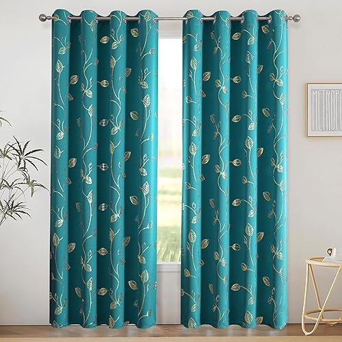 Miniatura 20 de BUHUA Cortinas de bloqueo de calor, cortinas opacas de 45 pulgadas de largo, 2 paneles burg, cortinas insonorizadas con estampado de hojas doradas