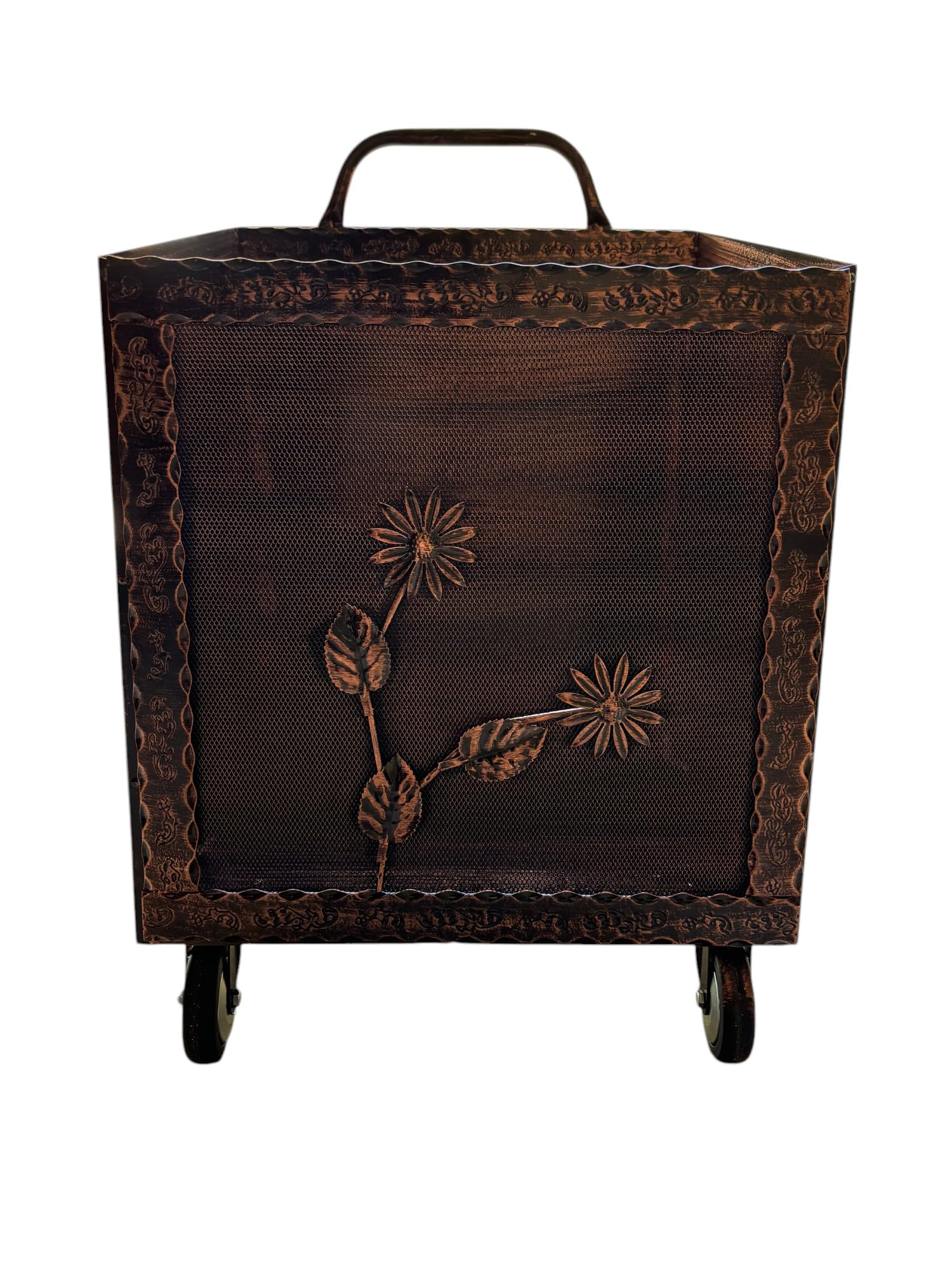 Porta Legna con Ruote, Porta Pellet, in Ferro Battuto, 52 x 50 x 84h cm, Motivo Floreale, Per Camino e Stufe (Rame)