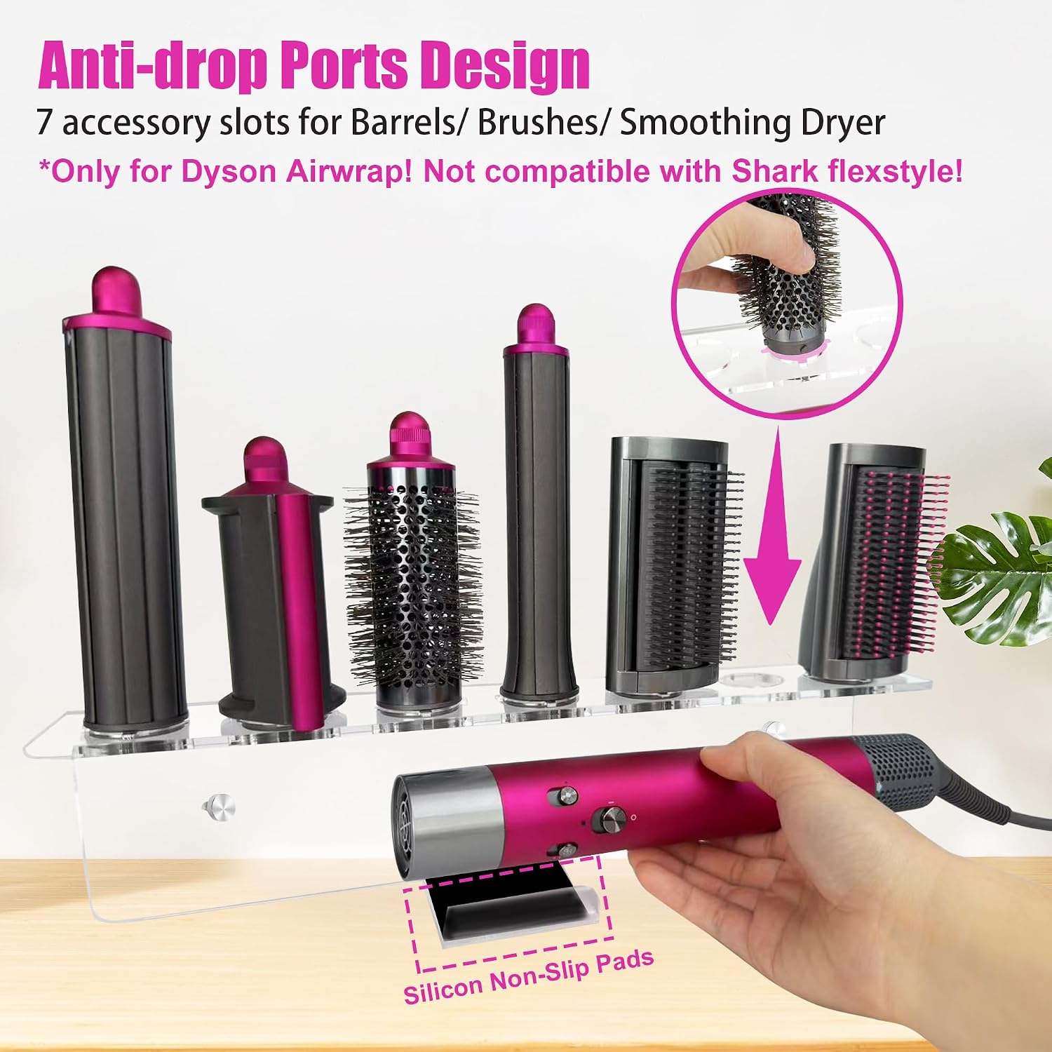 Acrylic Wall Mount Holder Compatible with Airwrap Styler & 7 Attachments, 6mm Extra Thick Organizer Rack with Brushed Silver Decorative Screws, Heavy Duty Space Saving Storage Shelf(Only for Airwrap!)