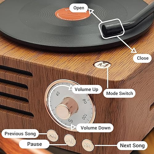 Miniatura 3 de Tocadiscos vintage, tocadiscos portátil de grano de madera con cuerno de cobre, función de radio FM, altavoz Bluetooth compacto, para