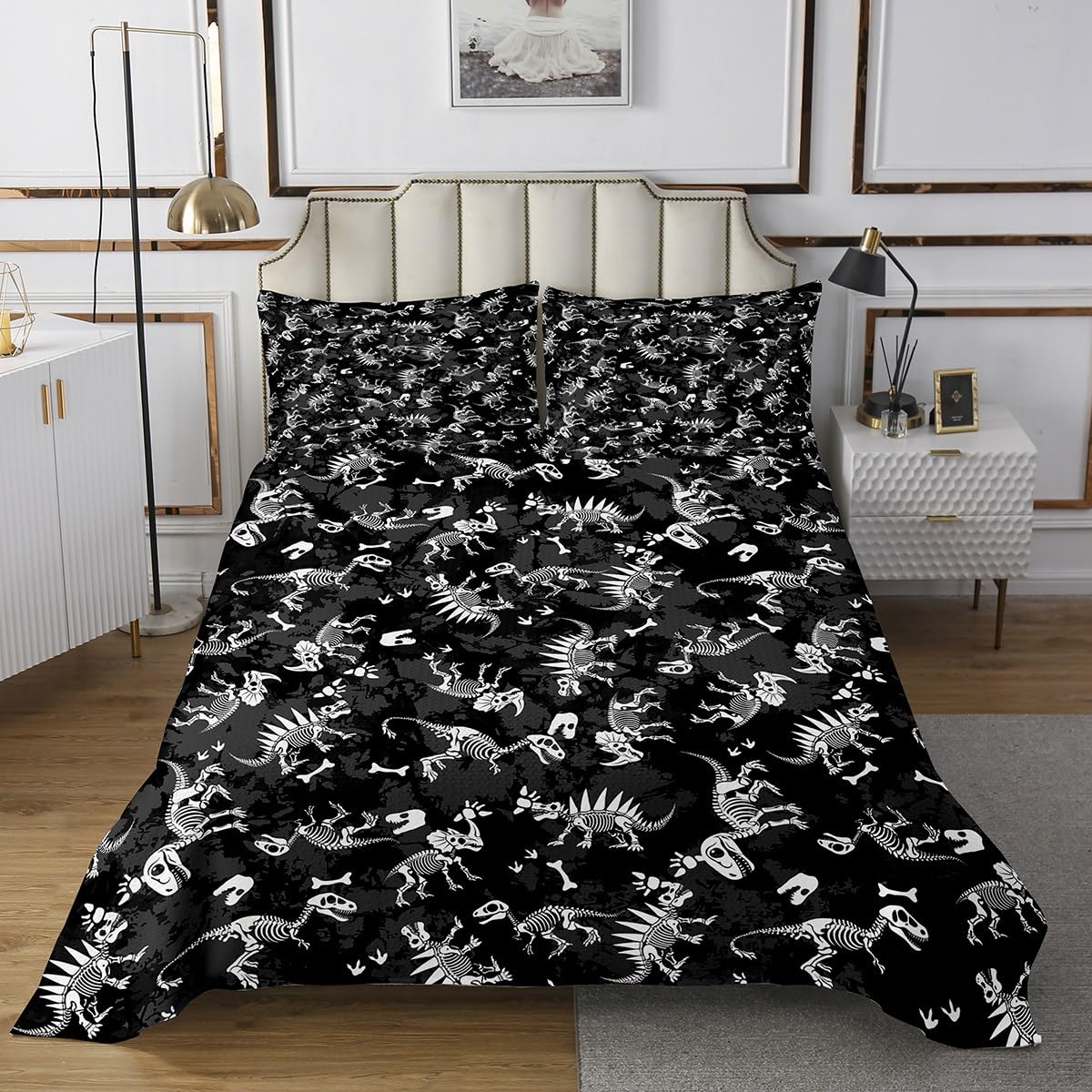 Dinosaur Bones Quilt Set for Kids Teens,Dinosaur Skeleton Bedspread Coverlet,Black White Gray Bed Cover Animals Skull Bedding Set Decorative Quilted 2 Piece Coverlet Set with 1 Pillow Sham,Twin Size