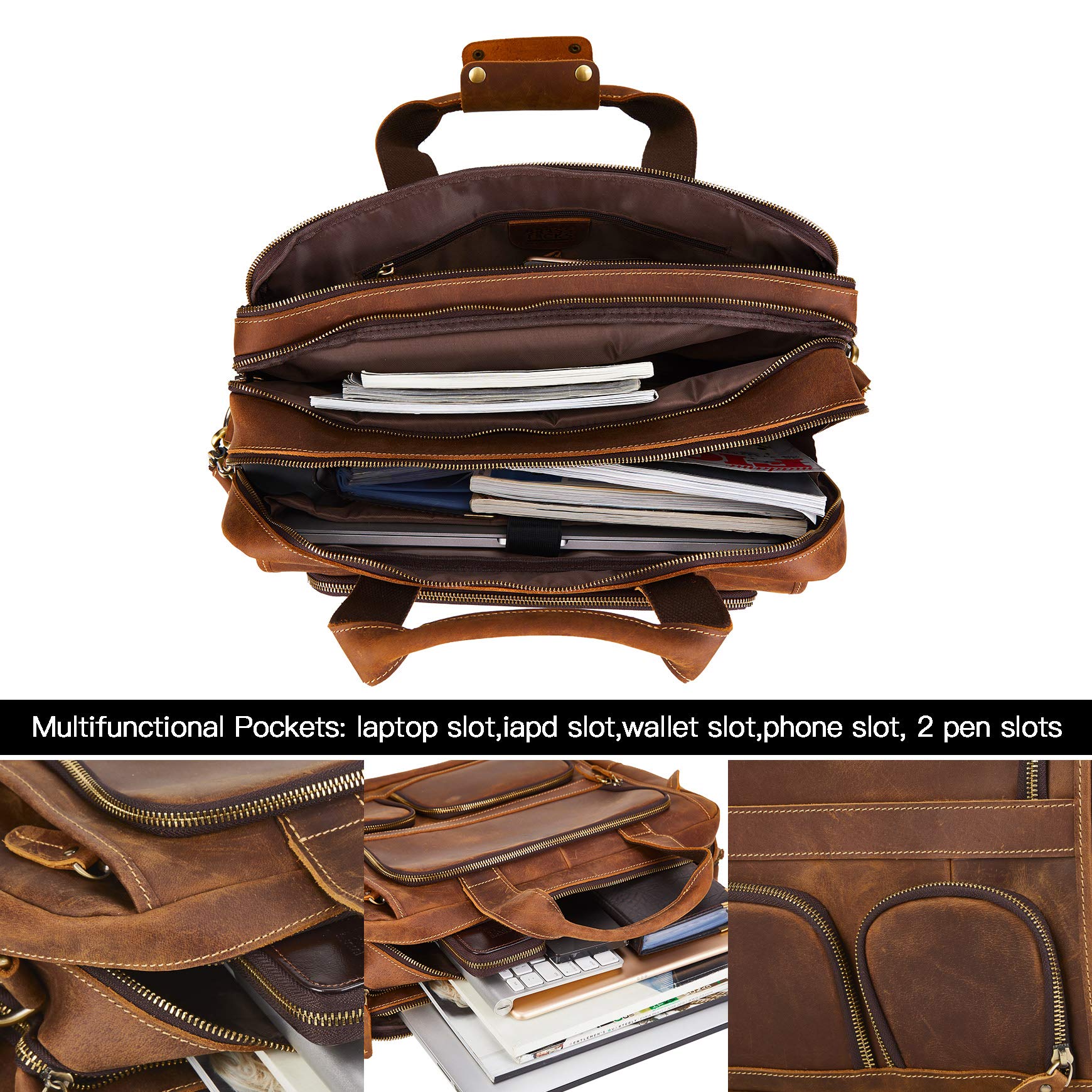 Maletín de cuero genuino para hombre Bolso bandolera para portátil de 15,6" Vintage bolso para negocios/viajes