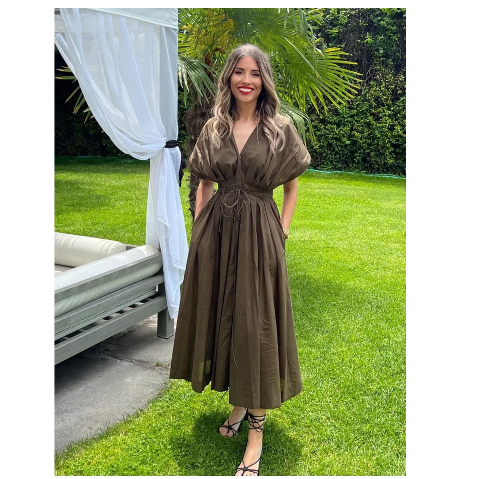 Vestido Plisado de Mujer de Verano con Escote en V y Manga Corta Vestido Elegante y Ajustado de Playa
