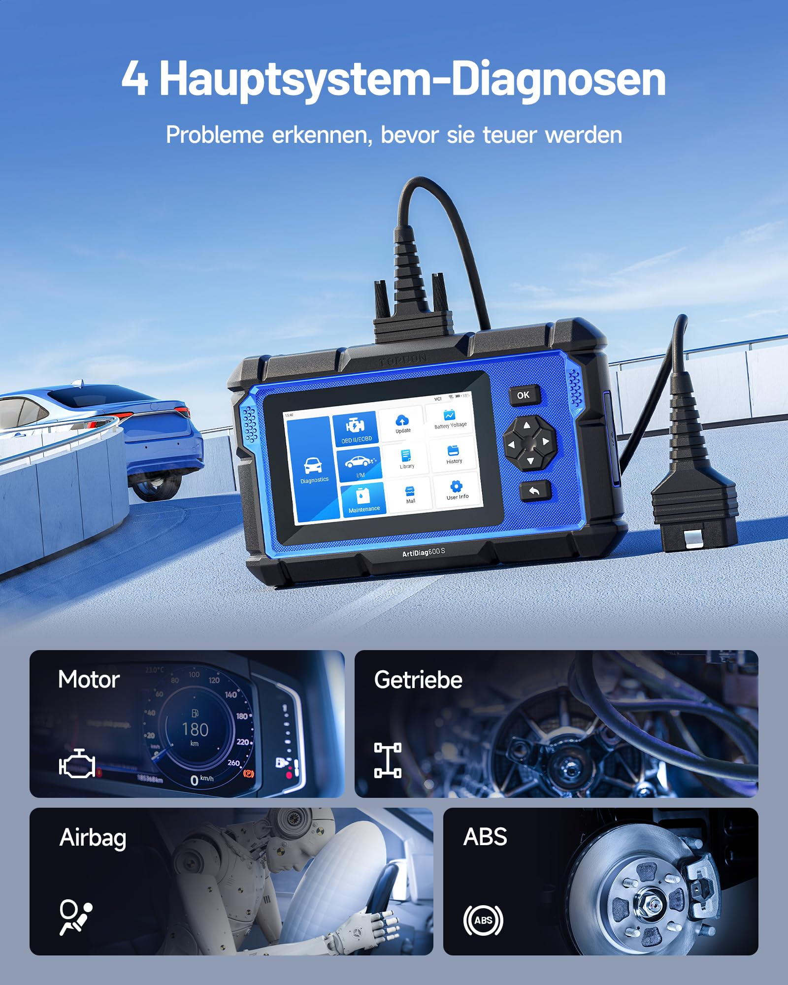 TOPDON ArtiDiag600S OBD2 Diagnosegerät, Diagnosegerät für 4 Systeme Motor/ABS/Airbag/AT, 9 Reset Funktionen auf Öl/Bremse/SAS/BMS/ABS/DPF/TPMS/Drosselklappe volle OBD2 Funktionen, lebenslanges Update