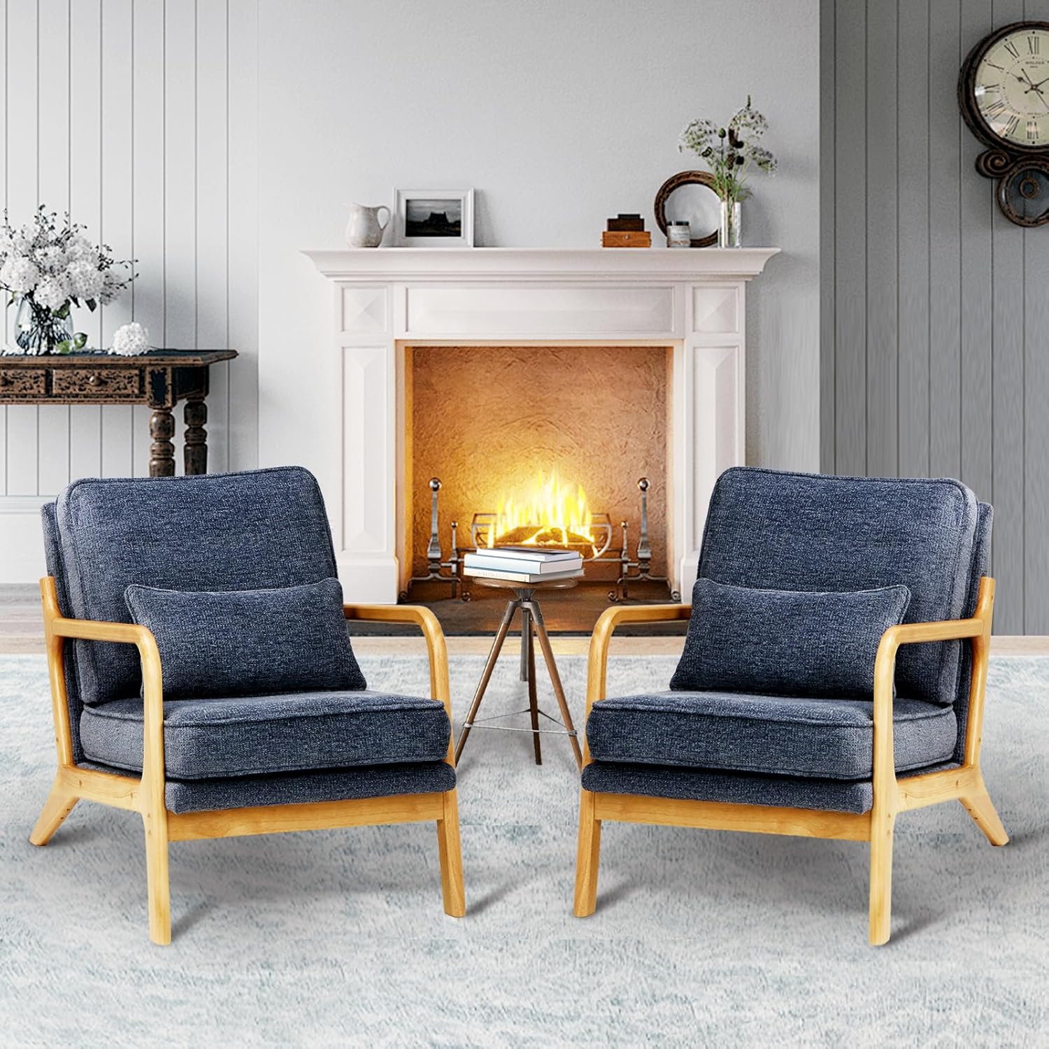 Mid-Century Accent Chair Set of 2 with Solid Wood Frame, Reading Relaxing Armchair Lumbar Pillow& Soft Cushion, Leisure Chair for Living Room, Bedroom, Waiting Room-Blue