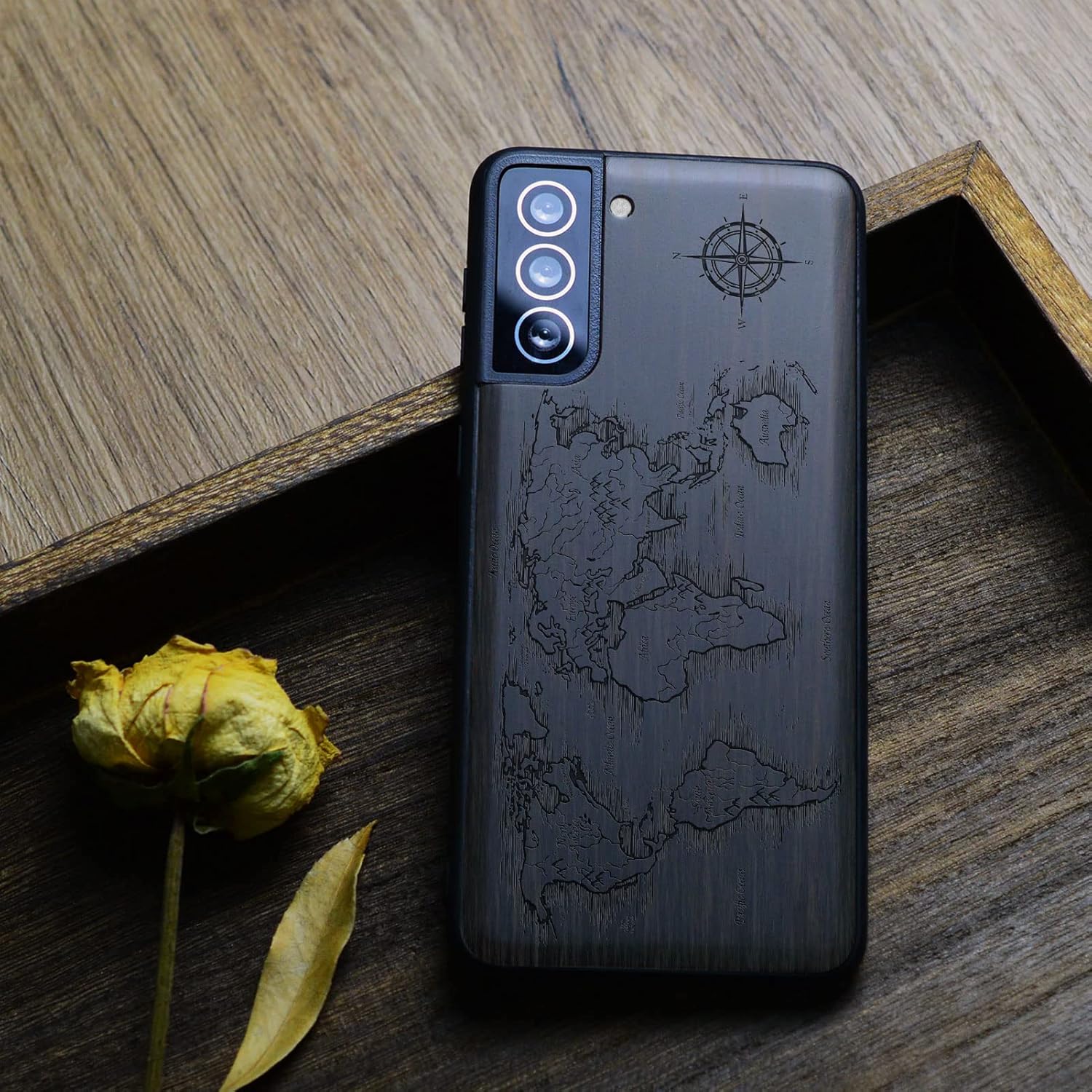 Carveit Wood Case for Galaxy S21 FE Case [Natural Wood & Black Soft TPU] Shockproof Hybrid Protective Unique Wooden Cover Compatible with Samsung S21 FE 5G (Compass Maps-Blackwood)