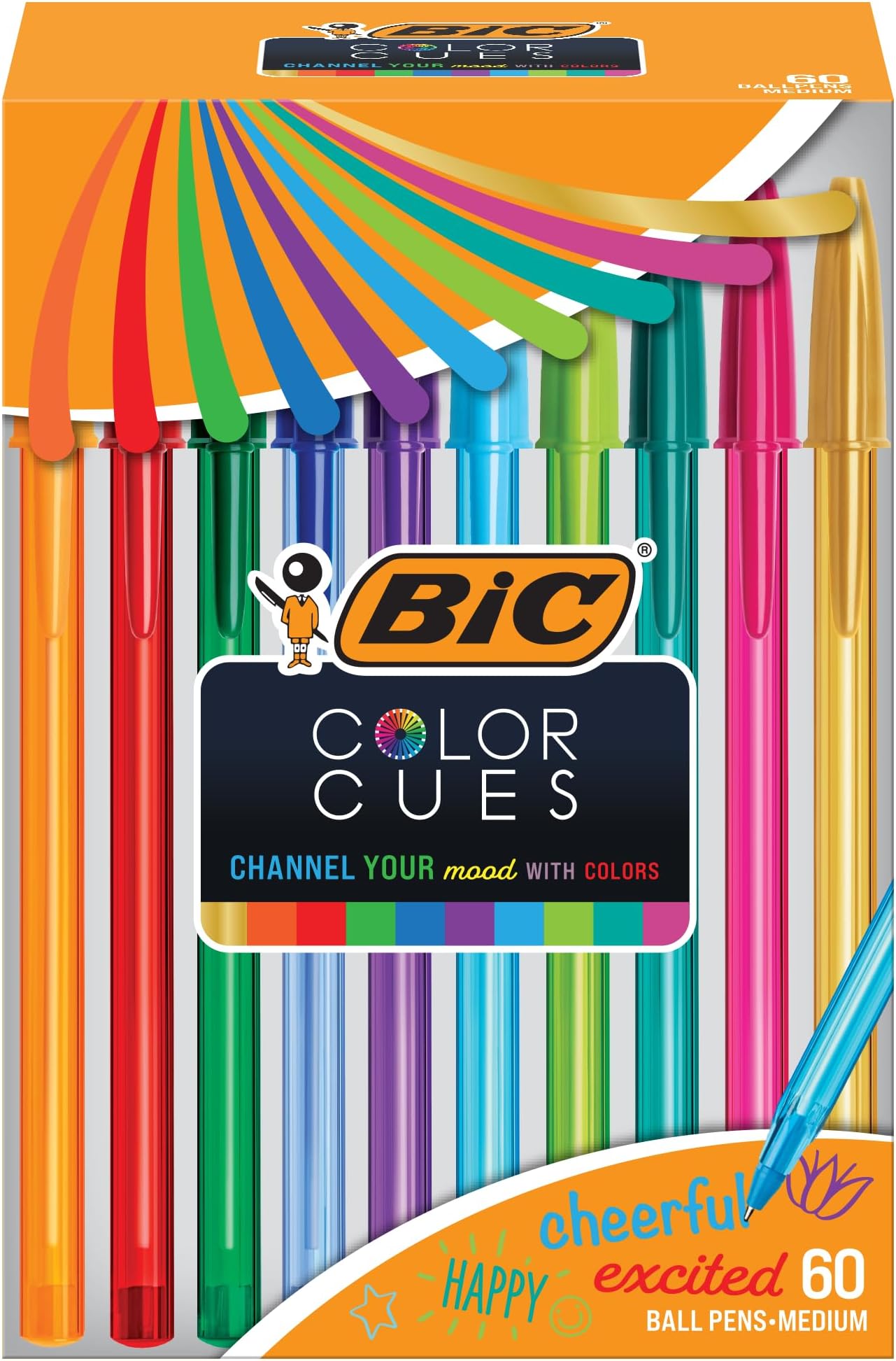 Color Cues Pen Set, 60-Count Pack, Assorted Colors, Fun Color Pens for School Supplies, Includes BIC Cristal Xtra Smooth Ballpoint Pens