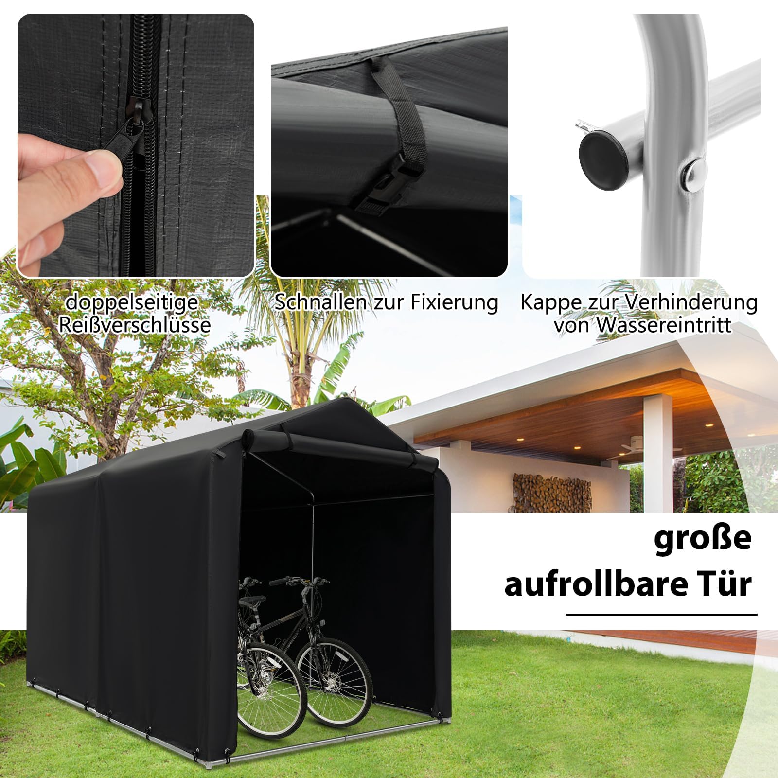 FANTASK Casetta per attrezzi impermeabile, tenda da garage con porta con cerniera e telaio in metallo (grigio scuro)