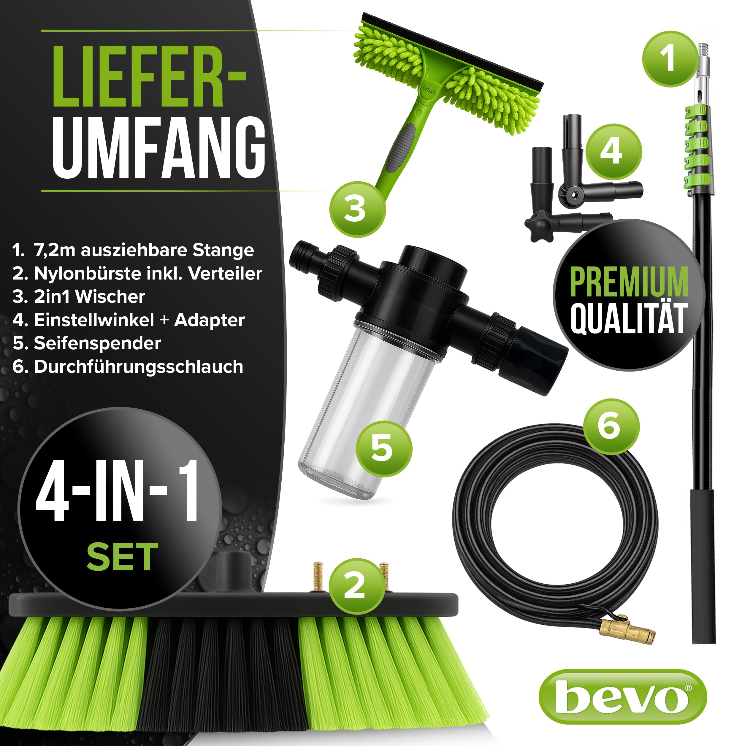 bevo - 4in1 Teleskop Waschbürste 7,2 M für Photovoltaik, Fenster, Wohnmobil & Dach-Reinigung - Teleskopstange & Teleskopbürste Reinigungs-Set mit Wasseranschluss, Reinigungs-Bürste & Wischer PV Anlage