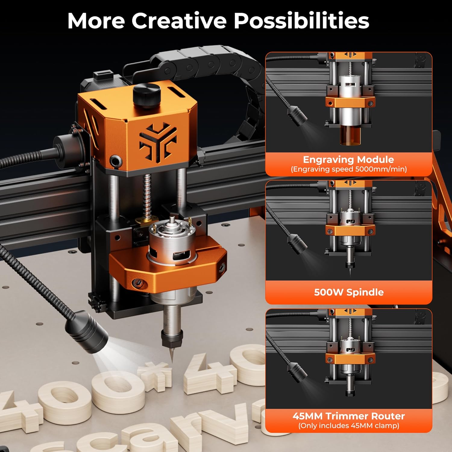 Close-up of the CNC spindle showing different module options: Engraving Module, 500W Spindle, and 45MM Trimmer Router.