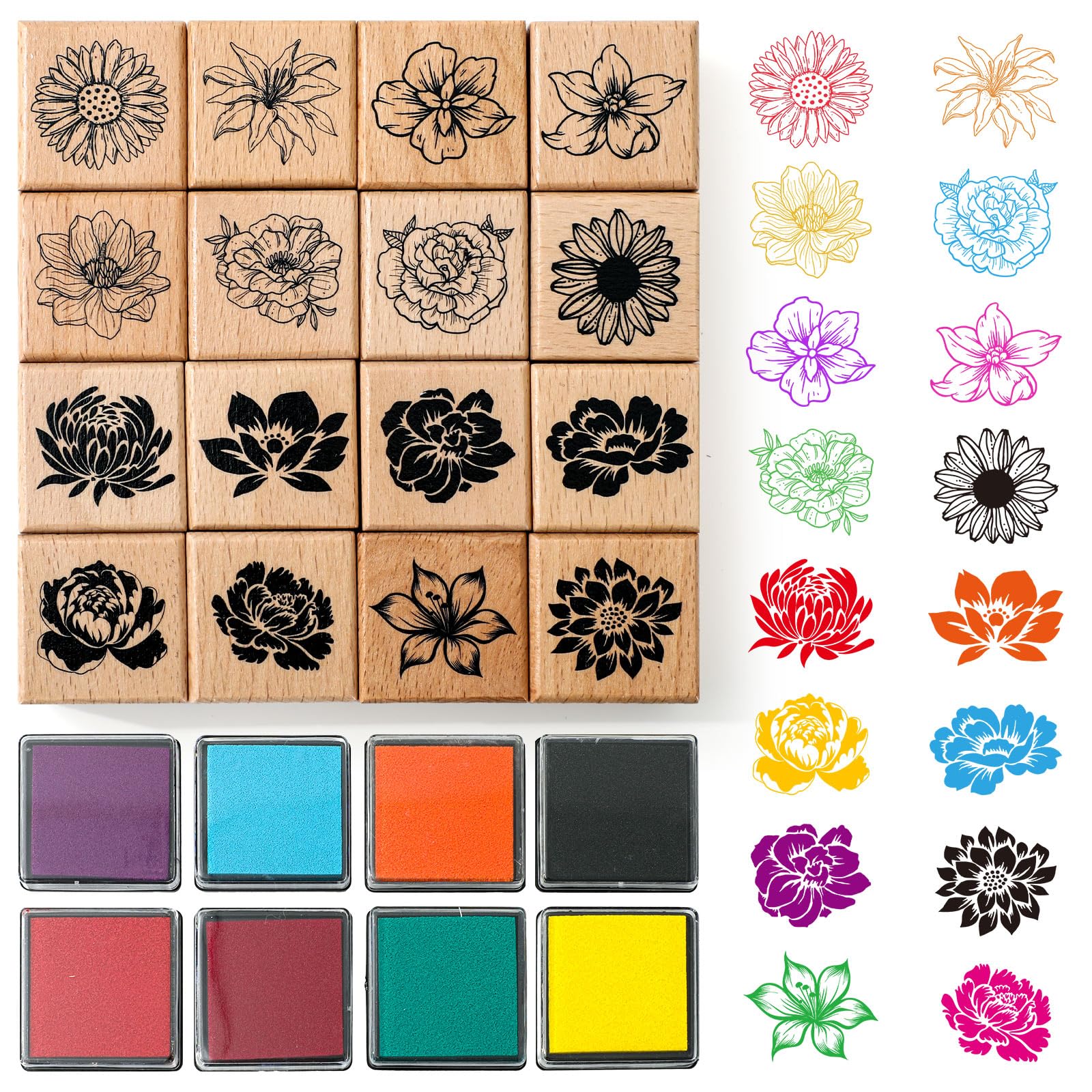 JarThenaAMCS Gummistempel-Set mit Blumen-Motiv, mit Stempelkissen, Frühlingsblumenmuster, Bastelstempel für Frühling, Party, Dekoration, Scrapbooking, Karten, Planer, 24 Stück