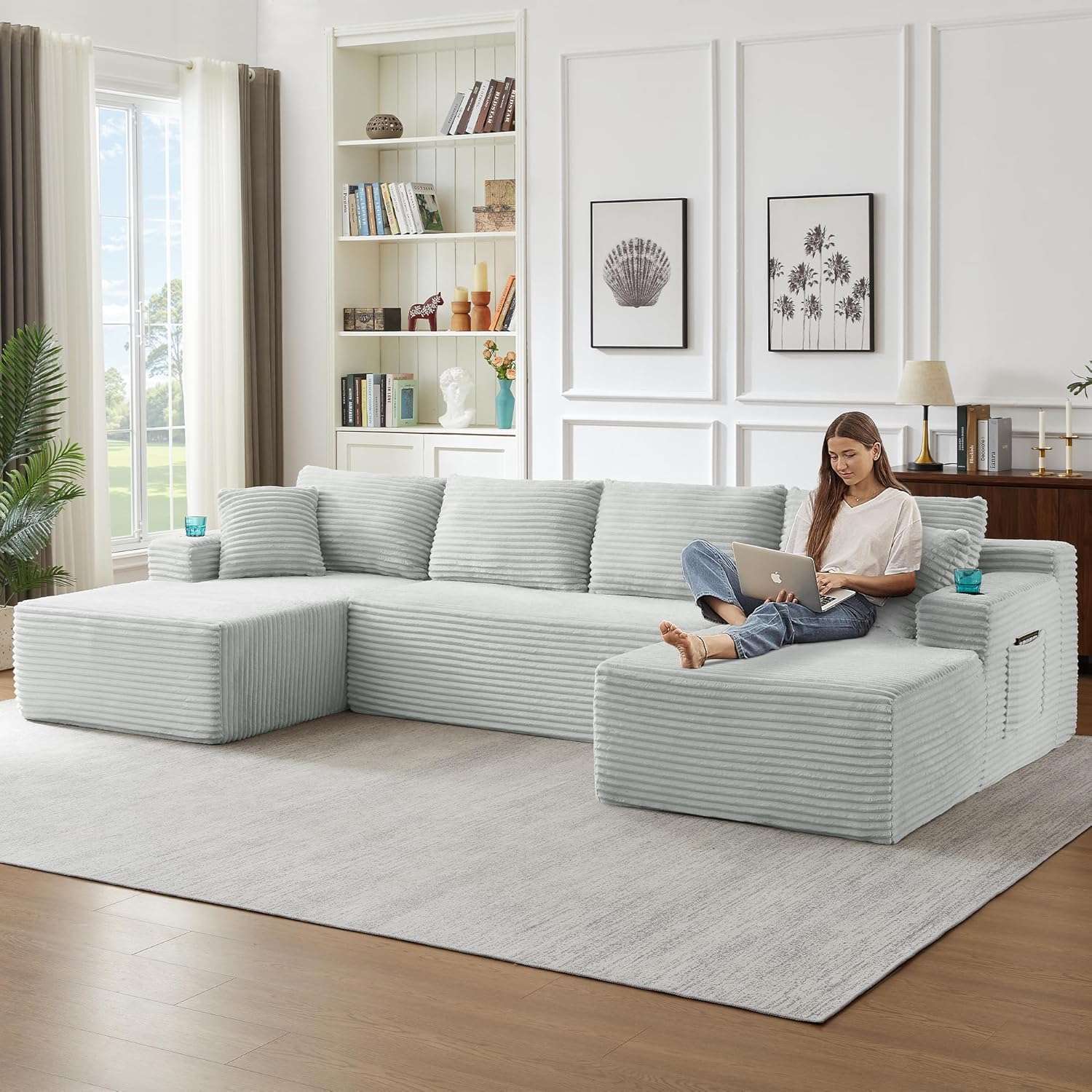 Tmsan 133.5" Oversized U Shaped Cloud Couch, Large Boneless Deep Seat Modular Sectional Sofa with Cup Holders & Side Pockets, Modern Corduroy Foam Compressed Sofa Set for Living Room Apartment