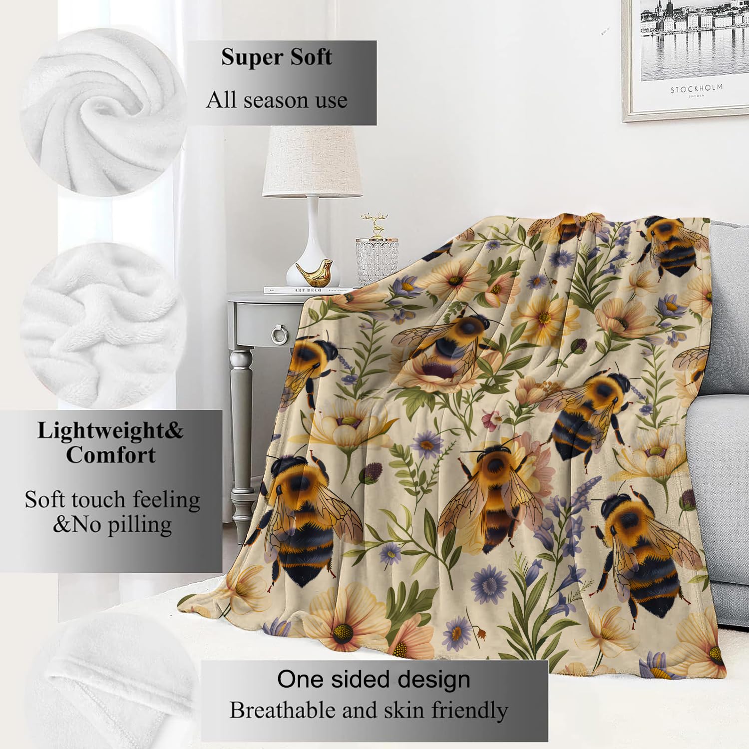 Spooky Goth Blanket Gothic Black Cats, Skulls, and Bats Throw Blankets Gifts for Girls Boys Adults Lightweight Soft Fleece Cozy for Sofa Couch Bed Room Travel Birthday Halloween Decor 50x60in: 40x50in Bee