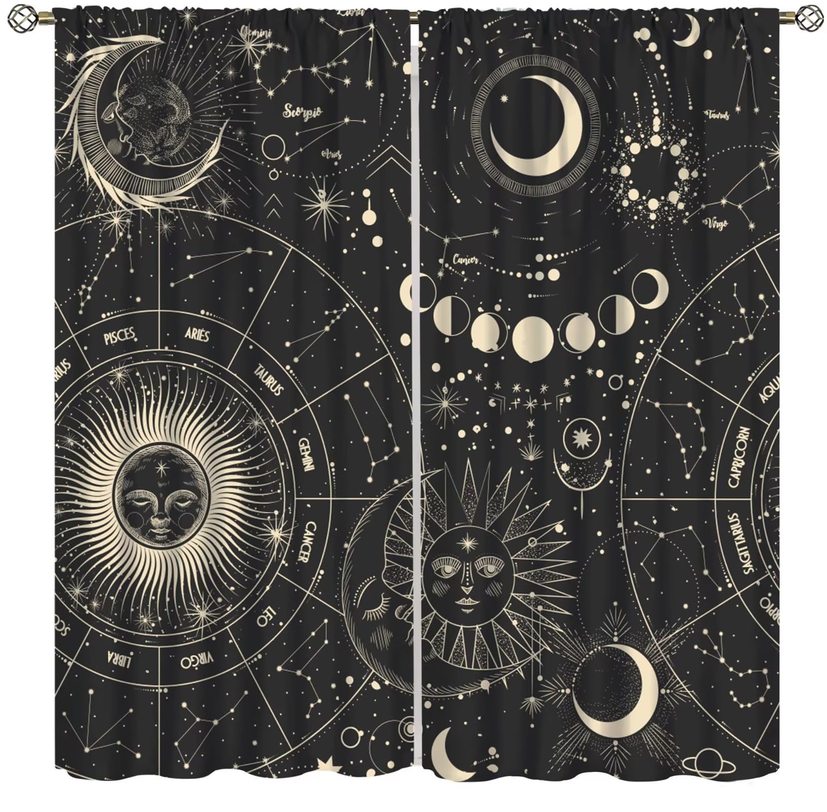 Sun and Moon Hippie Bohemian Curtains for Bedroom Living Room - Boho Indian Tribal Thermal Insulated Window Drapes - Astrology Set 2 Panels, 42x63
