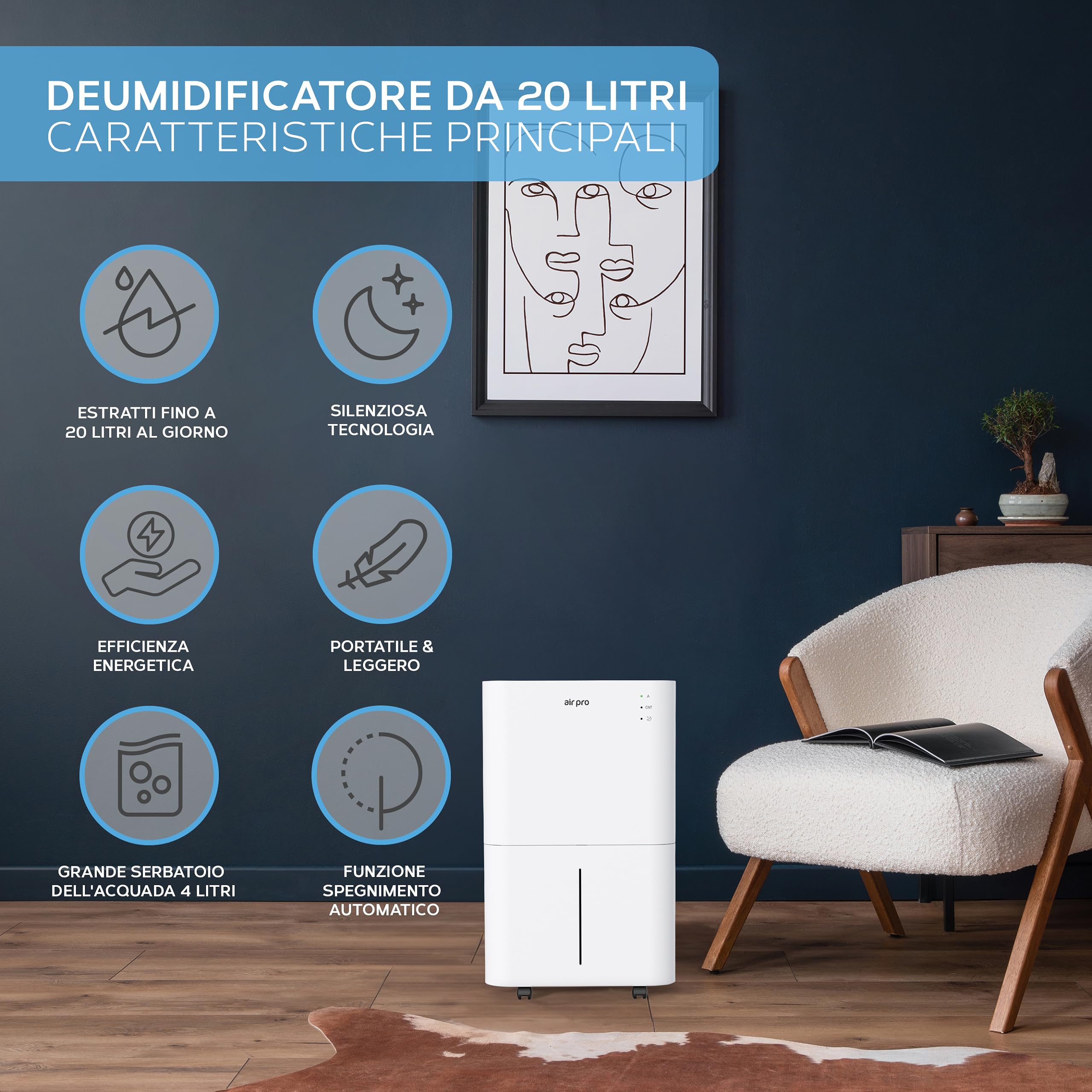 Air Pro Deumidificatore Digitale 20L/Dì - App WIFI - Serbatoio 4L, Sleep, Timer 24 Ore Asciuga Biancheria, Cantina, Garage, Cucina - Muffa Elettrico Portatile, Dispositivo Rimuovi Umidita e Condensa