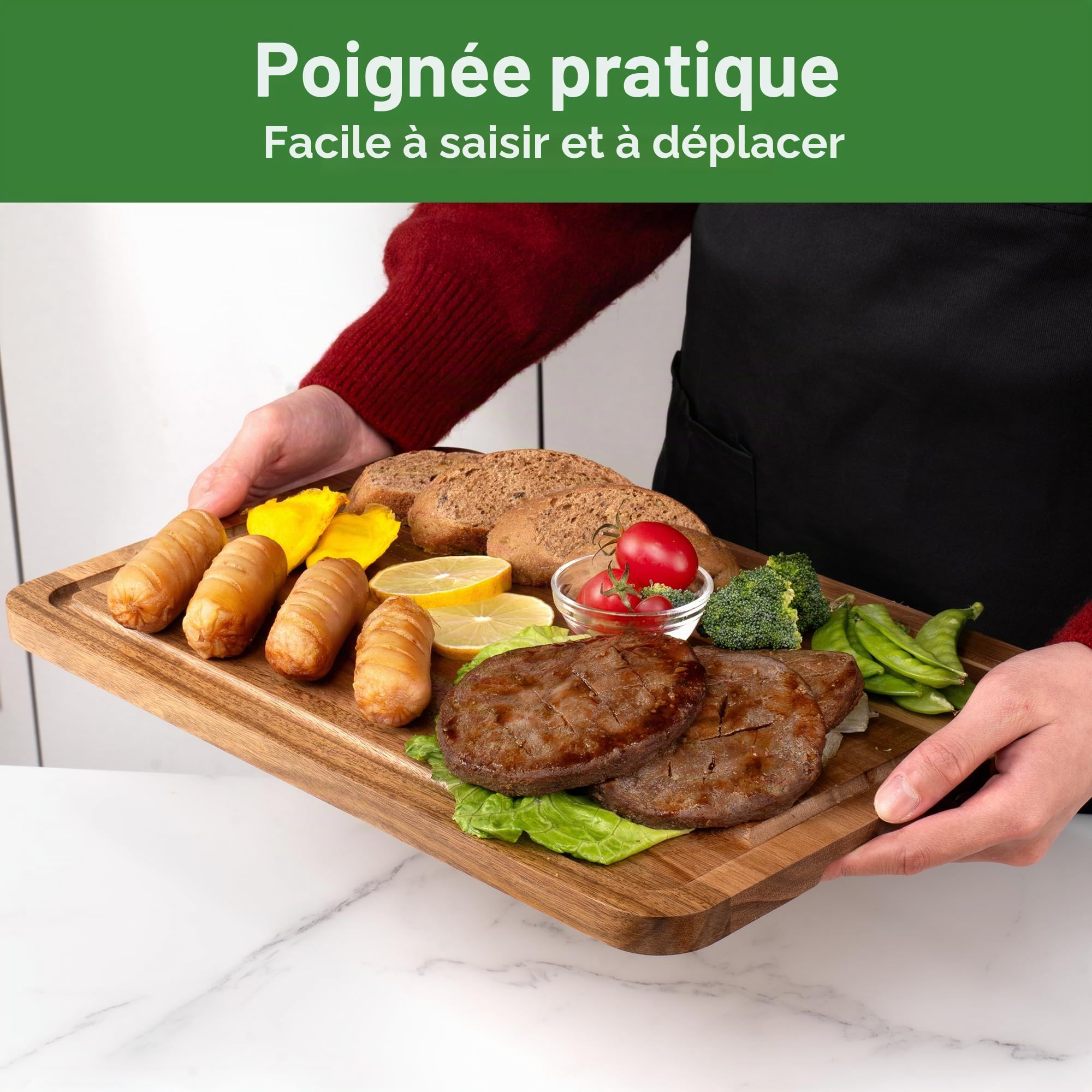 Set de 3 Planches à Découper en Bois d'Acacia avec Rainure pour Jus, Support et Couteau à Fruits Offerts, Planche à Découper Double Face pour Viande, Légumes et Fromage.