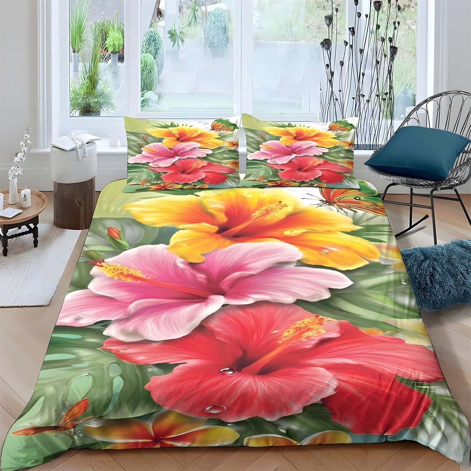 Ypthriline Super King Duvets Set Hibiscus Flowers Bedding Set Microfiber Watercolor Duvet Covers with Pillowcases Reversible Bedding With Zipper Closure 260x220CM