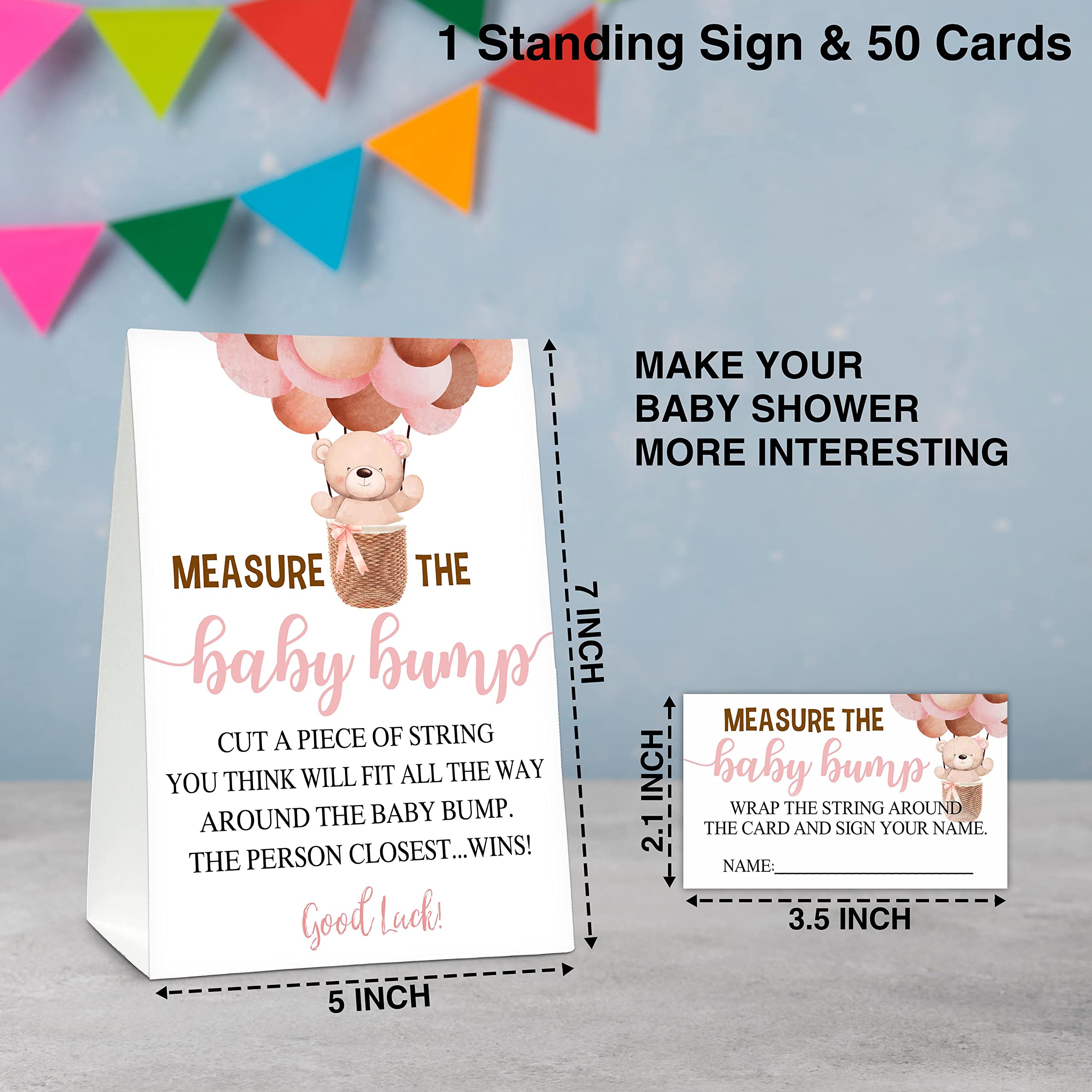 "Measure The Baby Bump" Baby Shower Game Set - Includes Standing Sign & 50 Guessing Cards (Strawberry Theme)