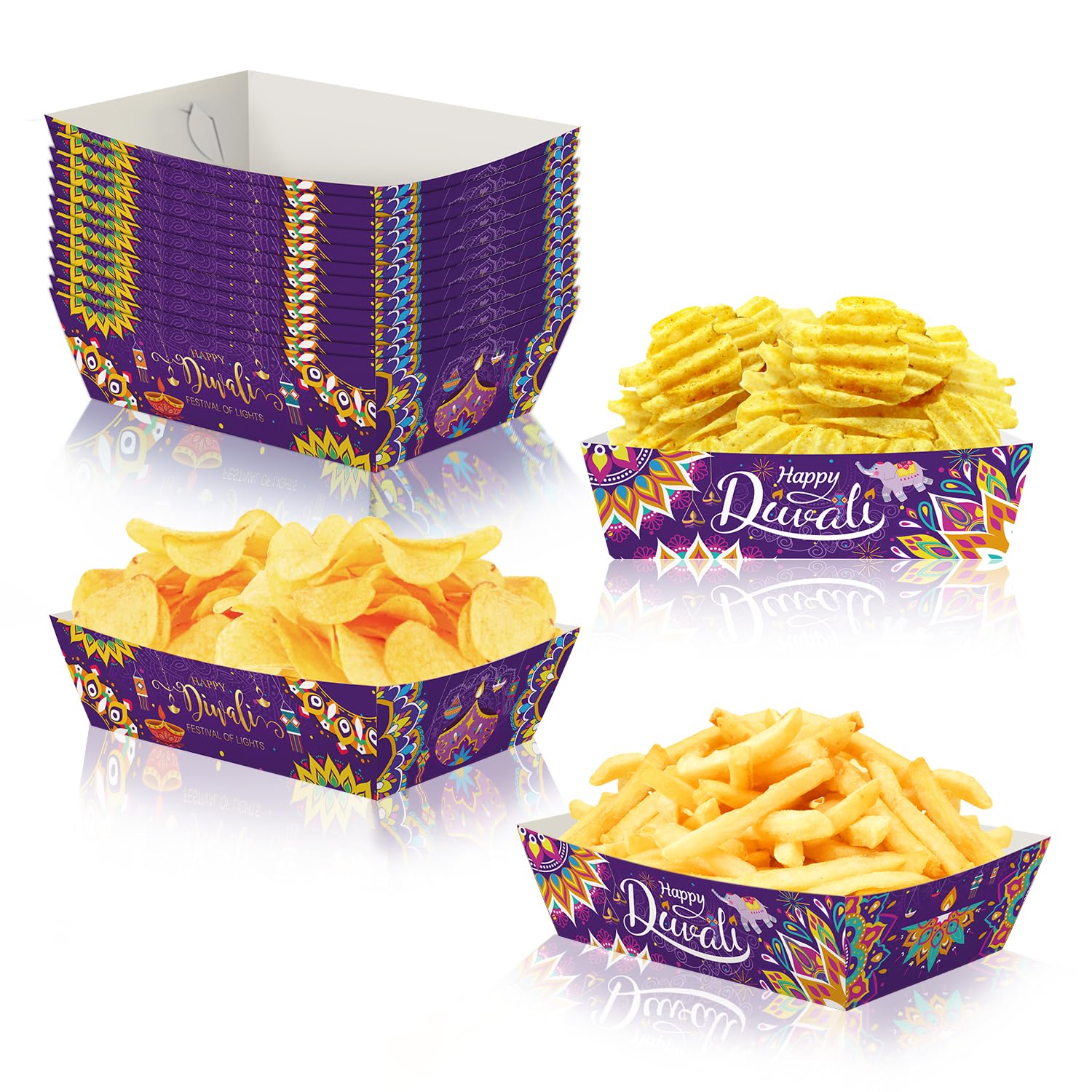 KYMYHappy Diwali Kraft Paper Food Trays Plates, 12pcs Deepavali Rangoli Decorations Treat Boxes, India Festival of Lights Boats Serving Baskets Trays for Fries Sandwiches Burgers Hot Dogs BBQ