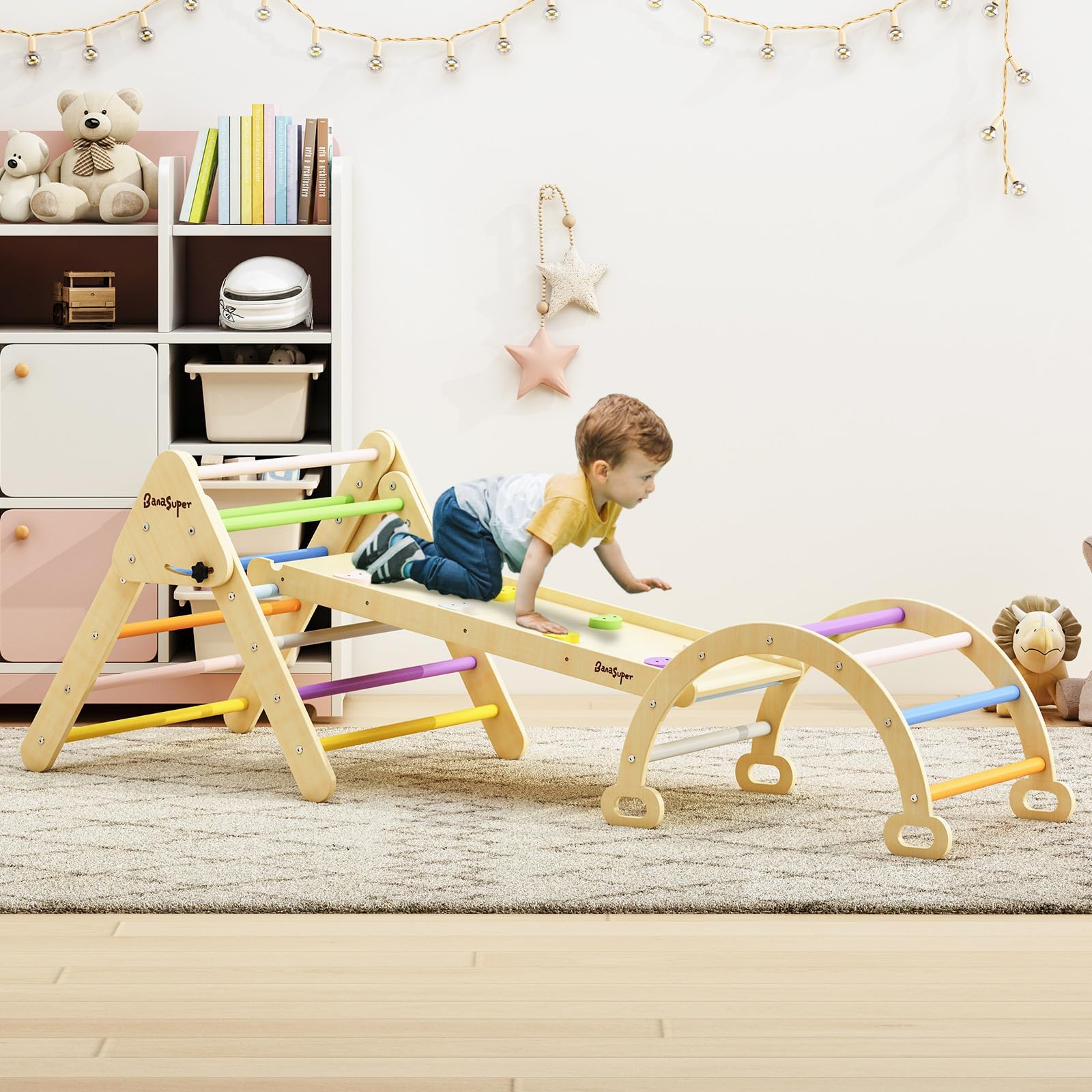 BanaSuperChildren Foldable Climbing Triangle Set with Ramp and Arch, Kids Montessori Developmental Toy, Toddler Jungle Gym Play Set Indoor Playground Toy