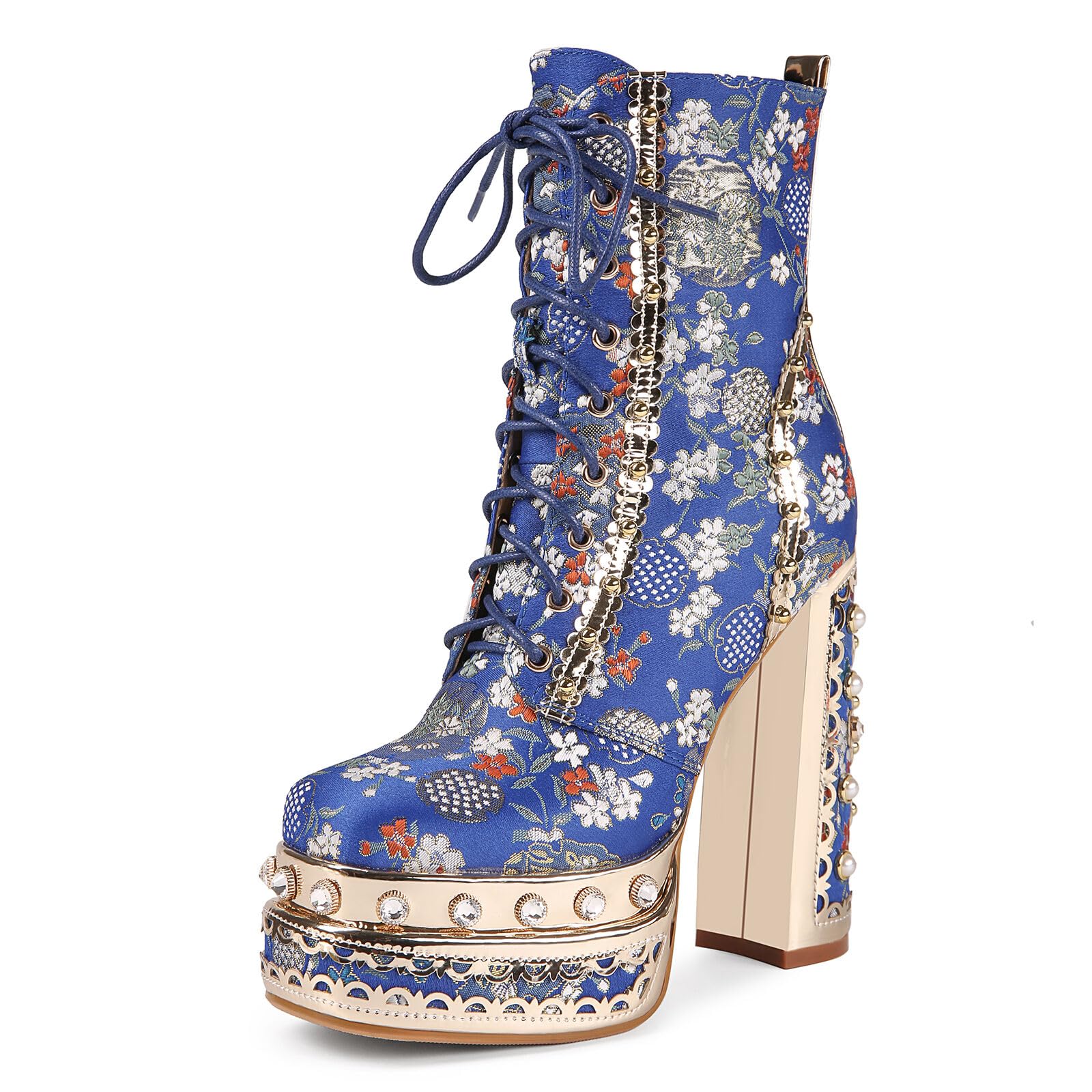 Feinlina Cowgirl Block Heel Ankle Platform Boots for Women Red Embroidered Fabric Gemstones Closed Toe Dress Wedding Party