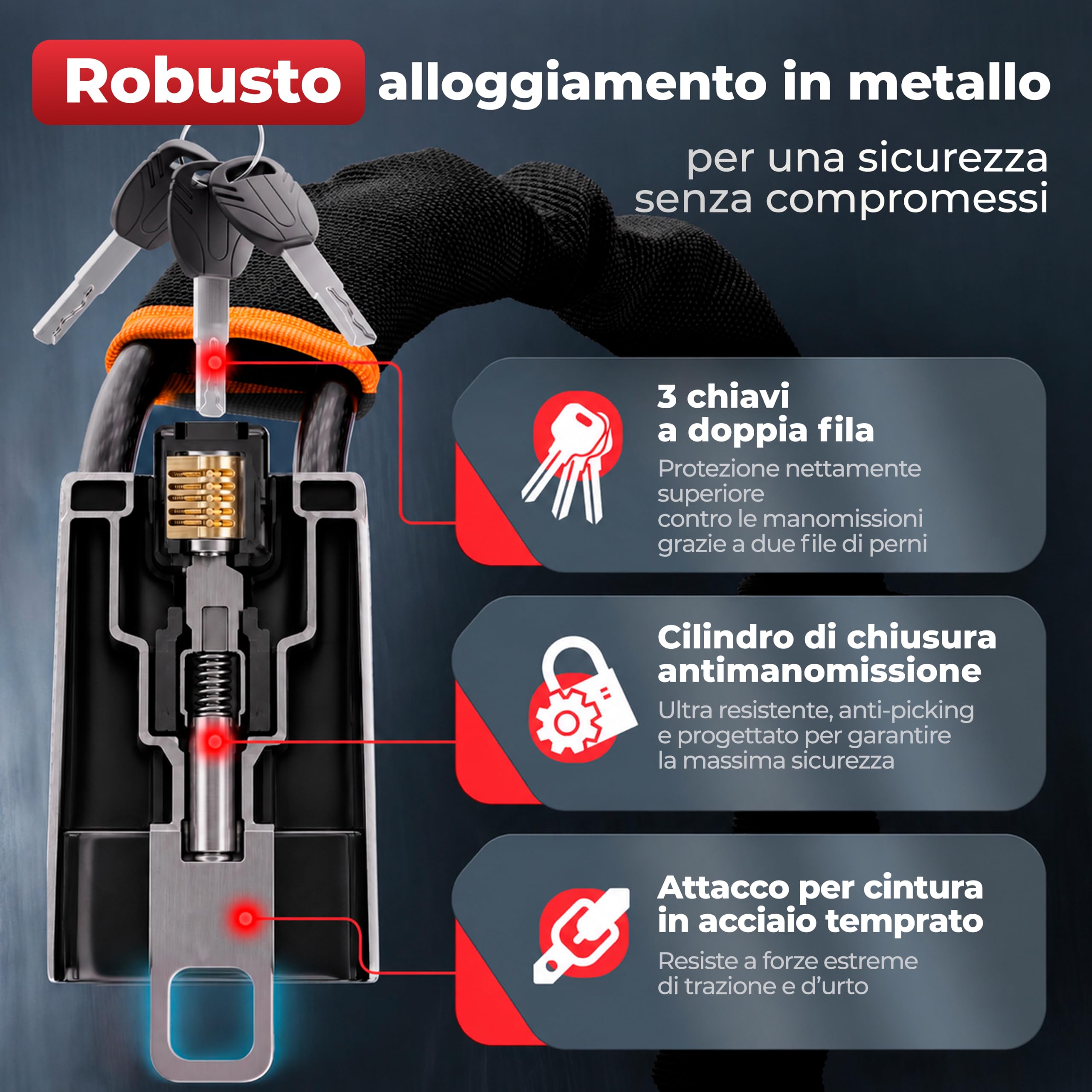 HELDENWERK® Artiglio volante per auto e camper in metallo – Misura universale – Blocco volante con corda d'acciaio spessa – Immobilizzatore antifurto con 3 chiavi di sicurezza (nero)
