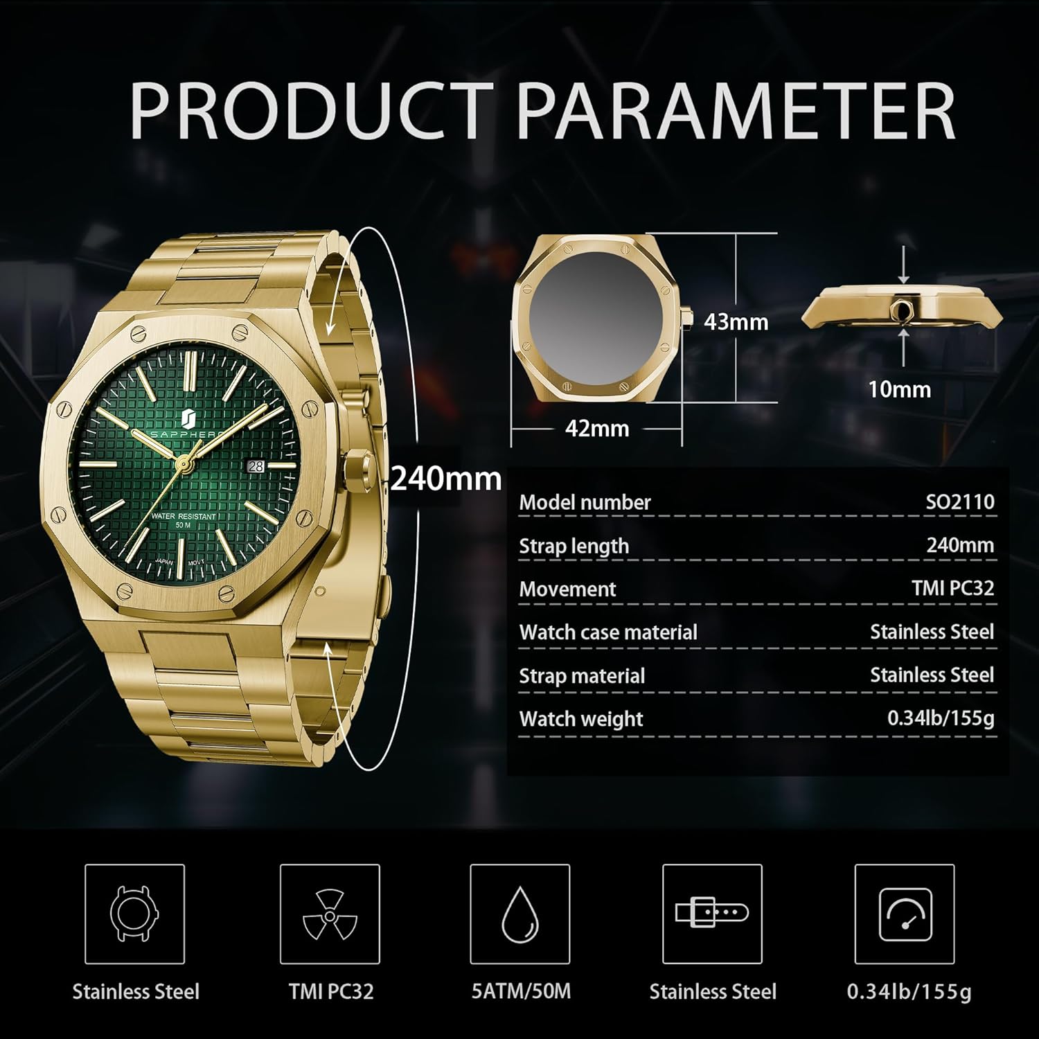 SAPPHERO Men's Watch Octagonal Stainless Steel Luminous Wristwatch Luxury Analog Quartz Watch for Men with Date Elegant Mens - Image 5