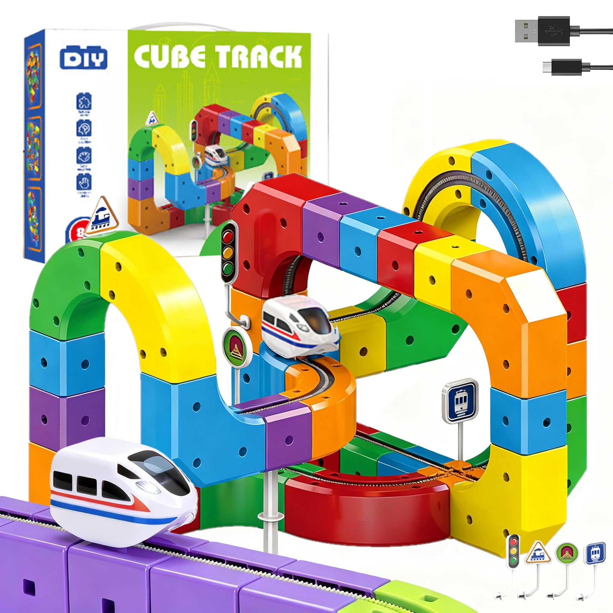 Clickrail – Juego De Tren Eléctrico Magnético 3D, 51 Piezas, Con Cubos, Pistas Y Tren, Carga USB, Para Niños A Partir De 3 Años