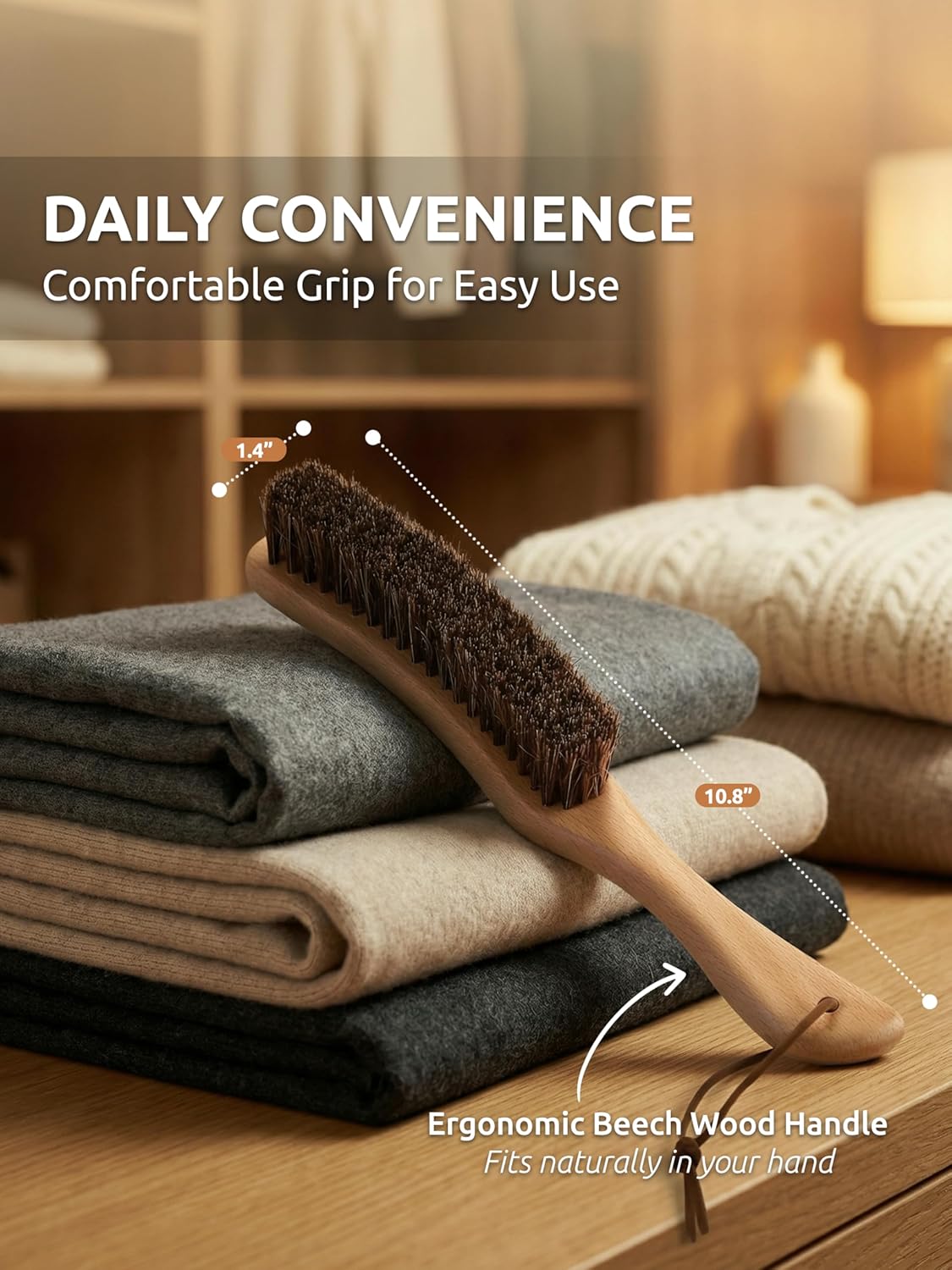 Lint Brush for Clothes with 100% Soft Horse Hair Bristle, Large Beech Wood Handle, Lint Remover for Hat, Pet Hair, Suits, Cashmere, Wool, Velvet, Suede, Shoe - Image 3