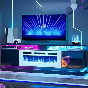 70" Fireplace TV Stand, Modern Entertainment Center for TVs Up to 80, TV Console with Storage Cabinets, Media Console for Living Room,Black TV Stand and White Fireplace