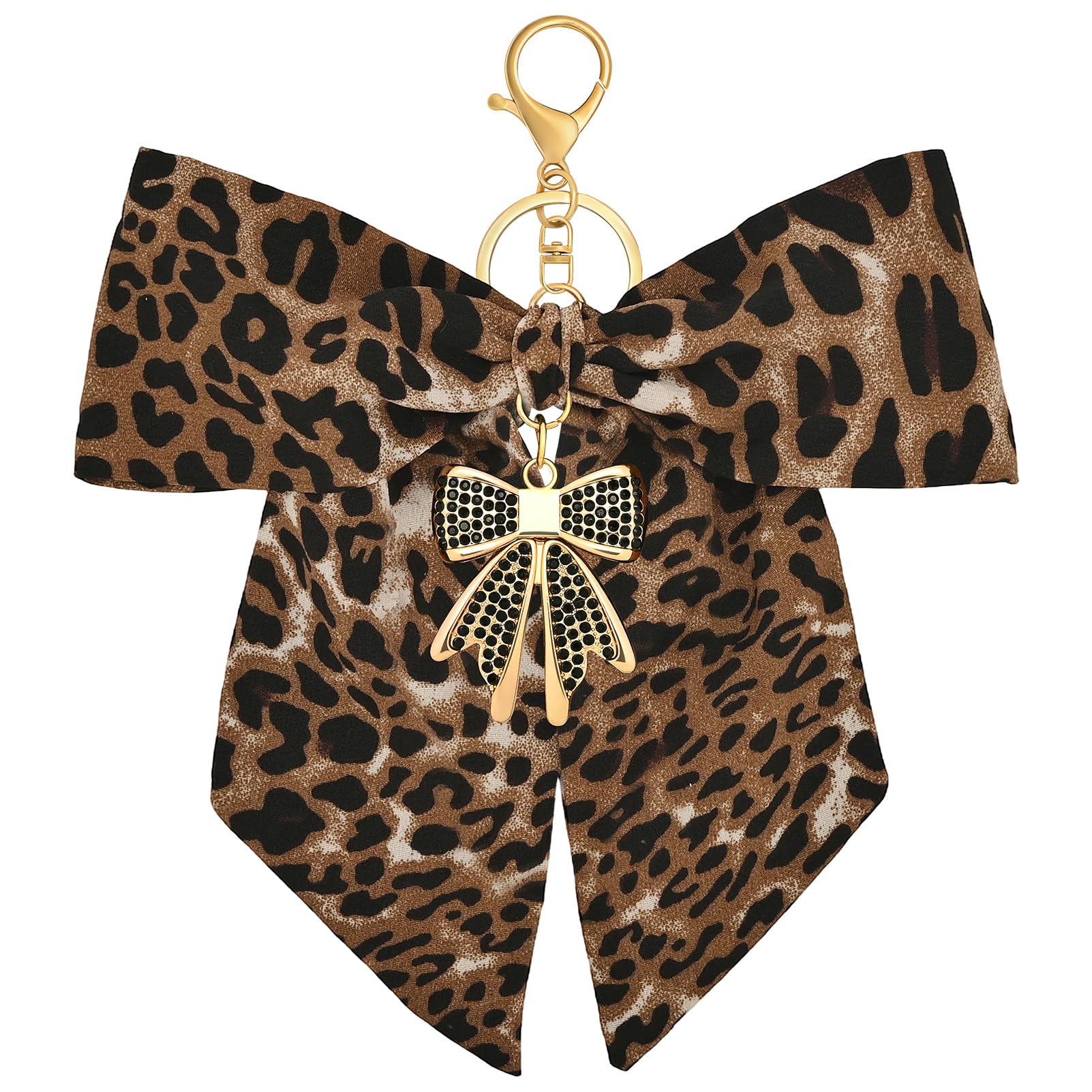 Snylcce Leopard Bow Keychain Alloy Key Ring Bag Charm Purse Charm with Rhinestone for Women Car Keys Handbags Backpacks Gold Black Rhinestone
