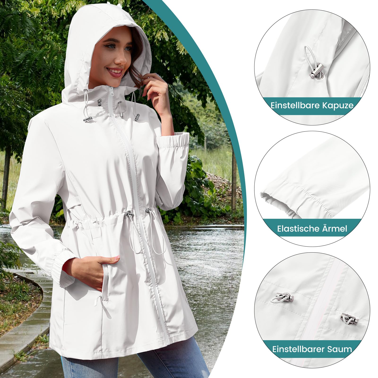 PONCEAU Damen Wasserdichte Faltbar Regenjacke mit Kapuze，Laufjacke Wasserdicht Atmungsaktiv Leichte Jacke Windbreaker Atmungsaktive Packbare zum Wandern Reisen Treking Fahrrad