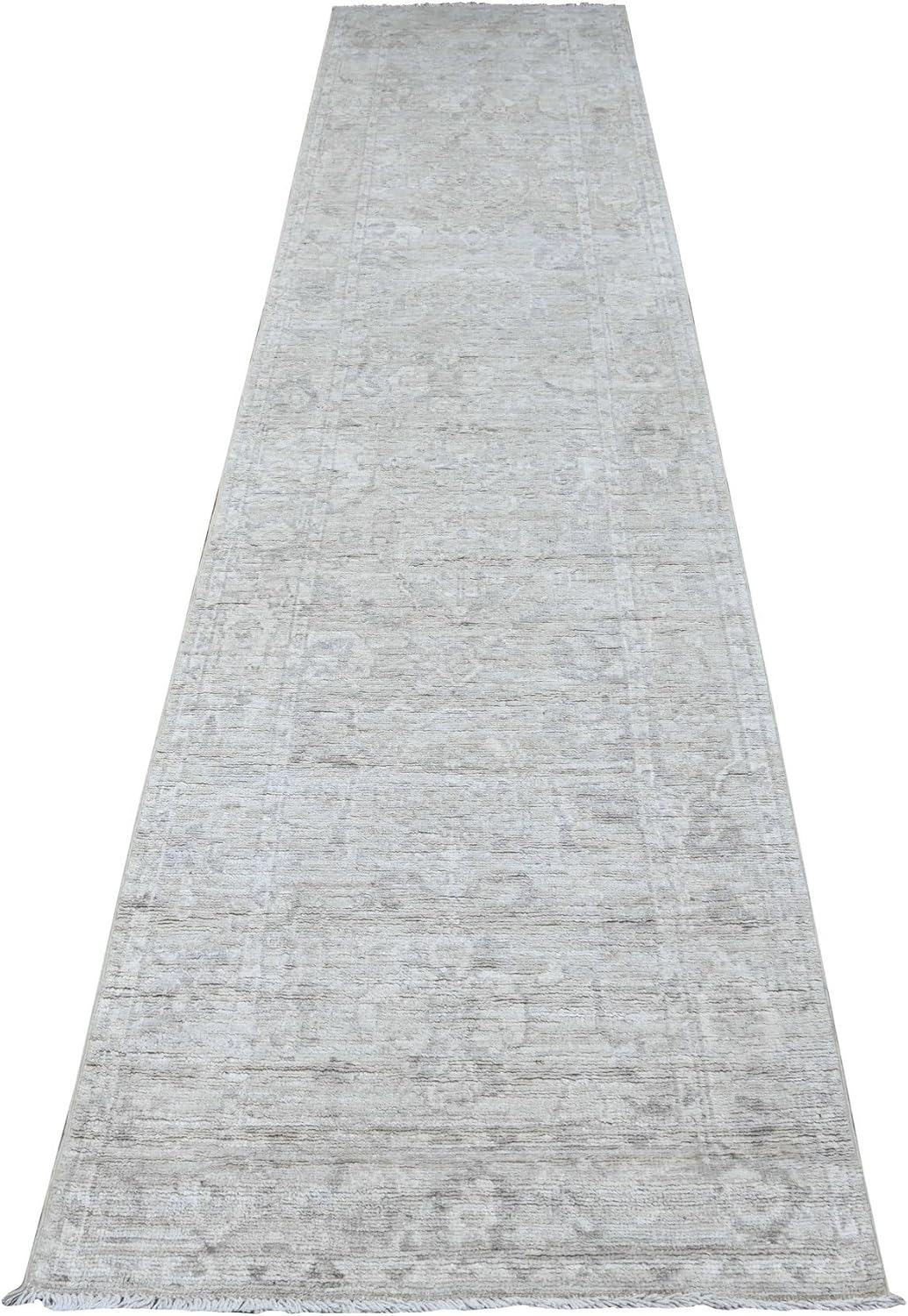 Gray White Wash Angora Oushak Hand Knotted Wool Runner Oriental Rug (2'9"x11'9")