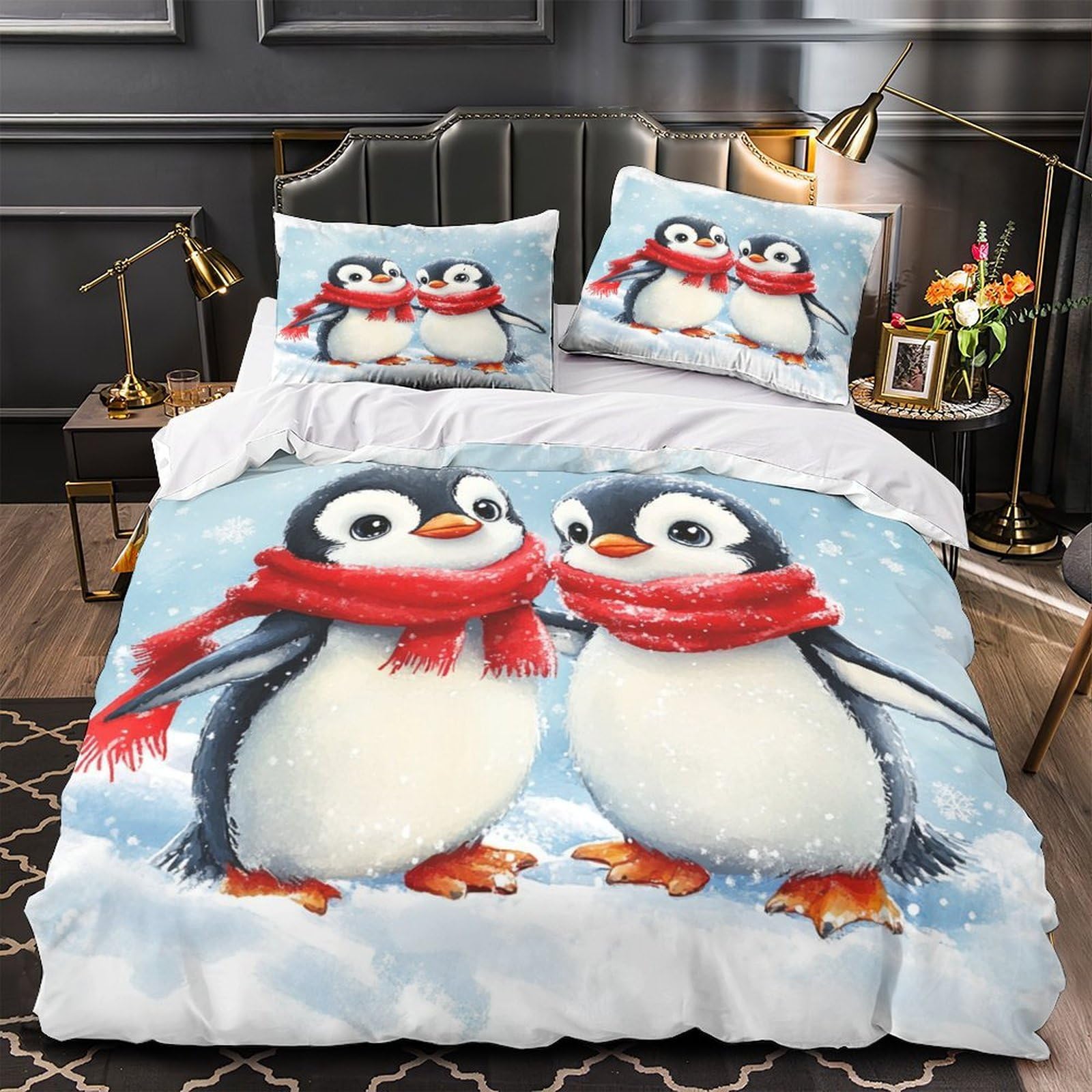 Housse de couette pingouin 3D anti-plis en microfibre lavable grand lit 260x220