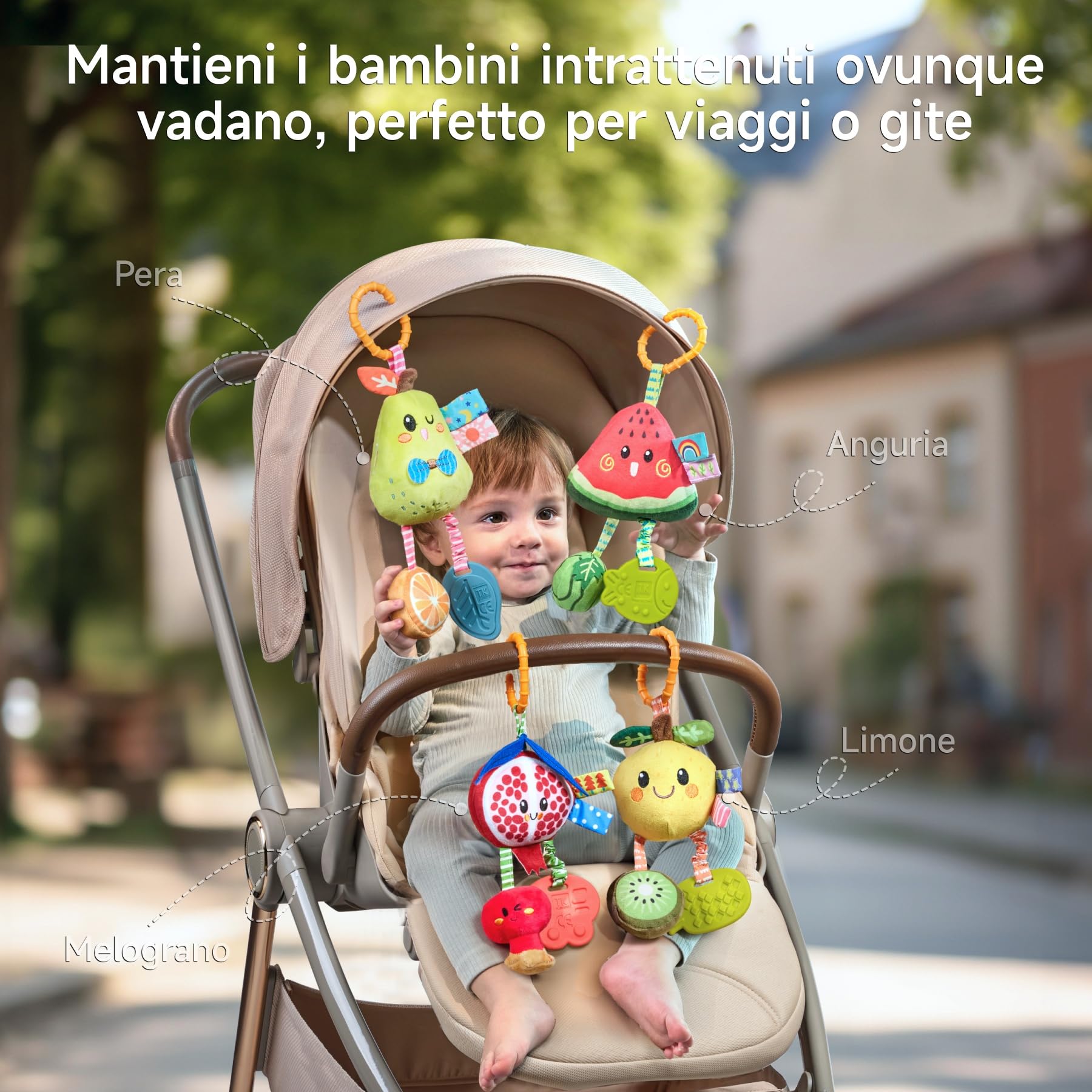 TUMAMA Giochi Sonaglio Per Neonato 0 3 4 6 9 12 Mesi, Gioco Montessori Sensoriali Per Neonati Passeggino Accessori Con Campana, Peluche Frutta Giocattoli Per Auto Culla Femmina Maschio Regalo (4pcs)