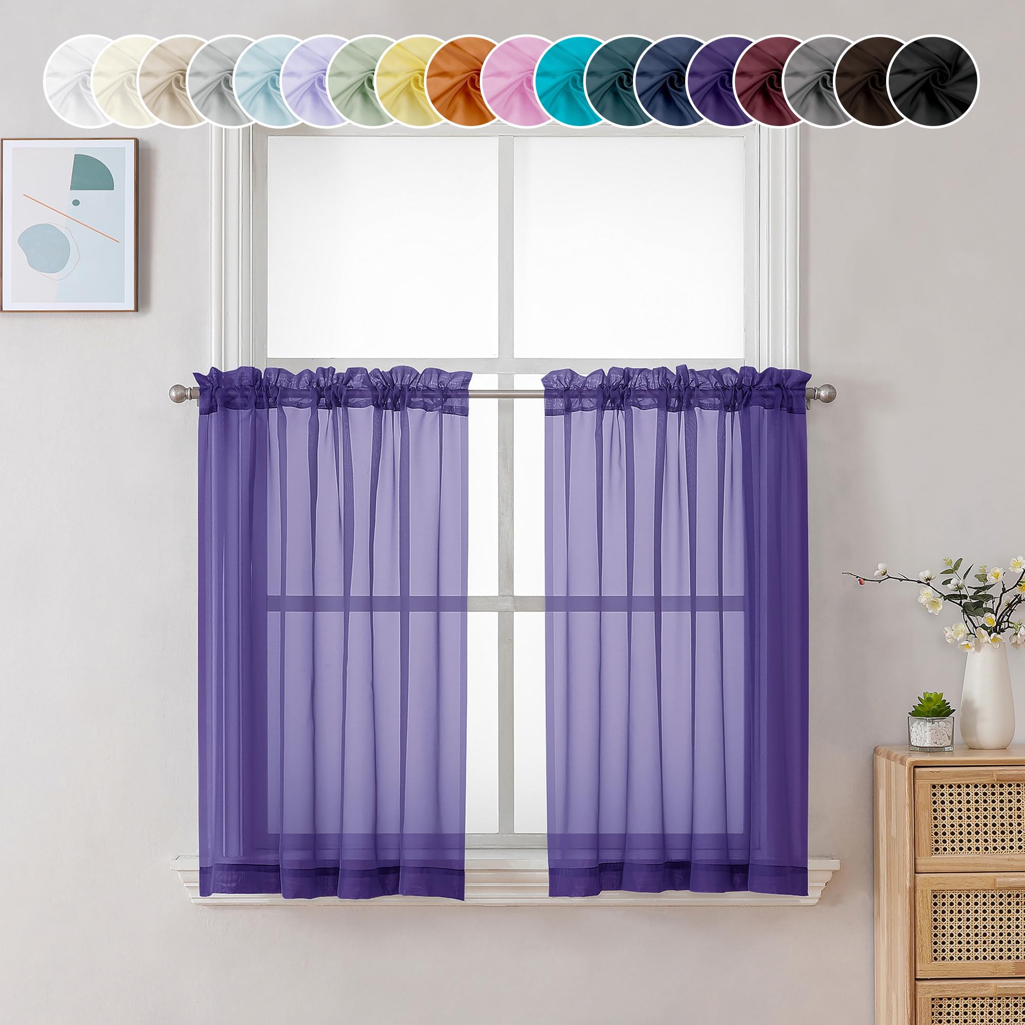 Chyhomenyc Sheer Purple Tier Curtains 24 Inch Length, Small Window Treatment for Bathroom Living Room Basement, Short Rod Pocket Cafe Panels, 42W x 24L Inches, 2 Panels