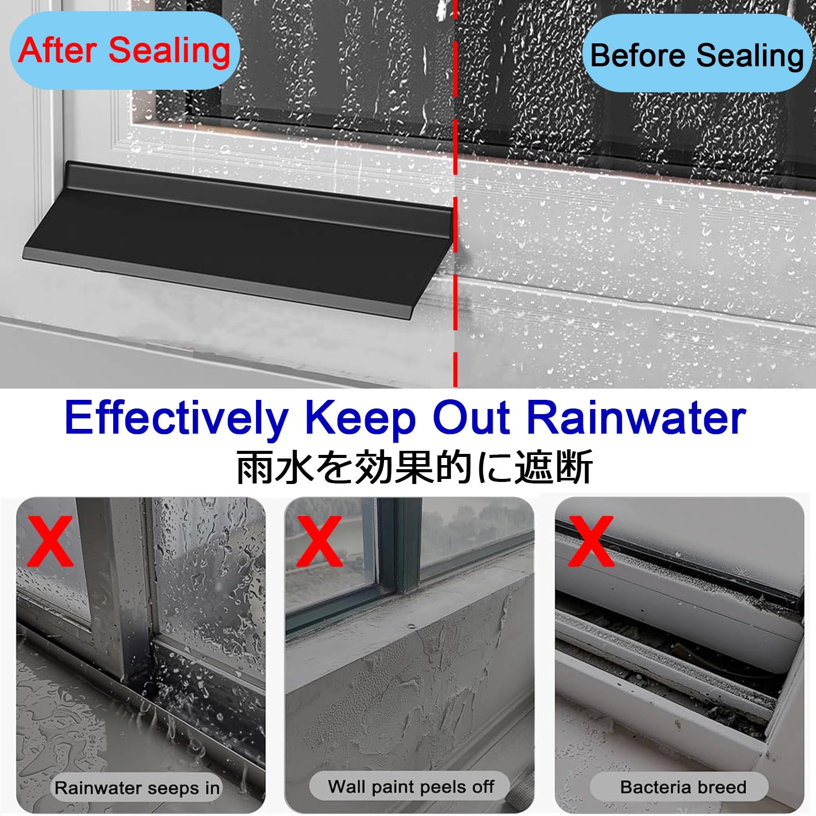 Selbstklebende Fenster-Regenabweiser, Selbstklebender Dichtungsstreifen, schwarz, for Fenster, Türen, Autos, verschiedene Größen(W4.5 x L400cm)