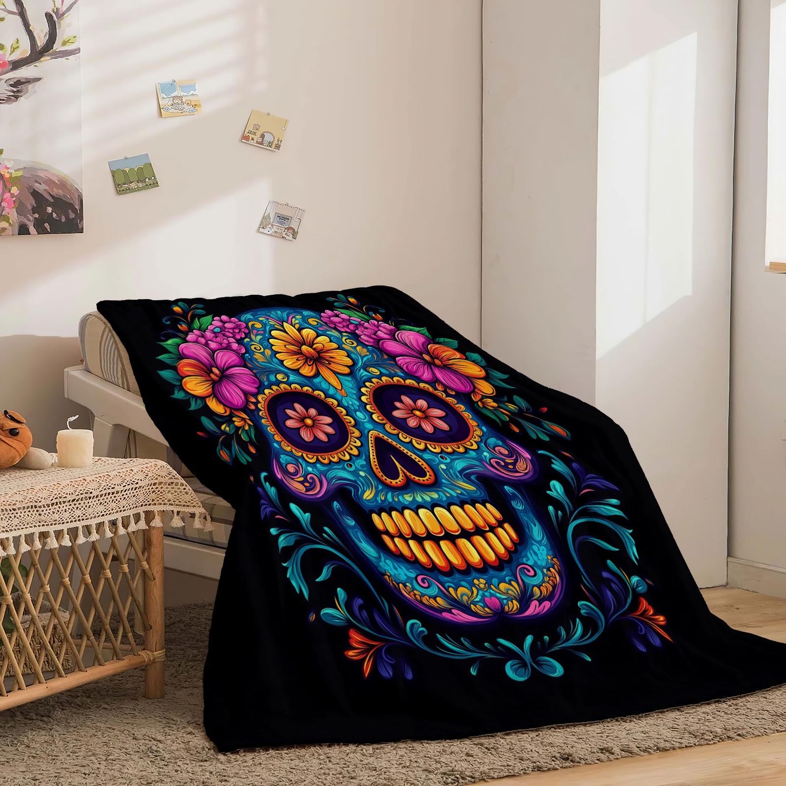 Manta Franela para Cama Manta para Sofá Suaves 100% Microfibra Grande Vistoso Flannel Blanket Abstracto Flores Calavera Manta Invierno Calentitas 220 x 240 cm