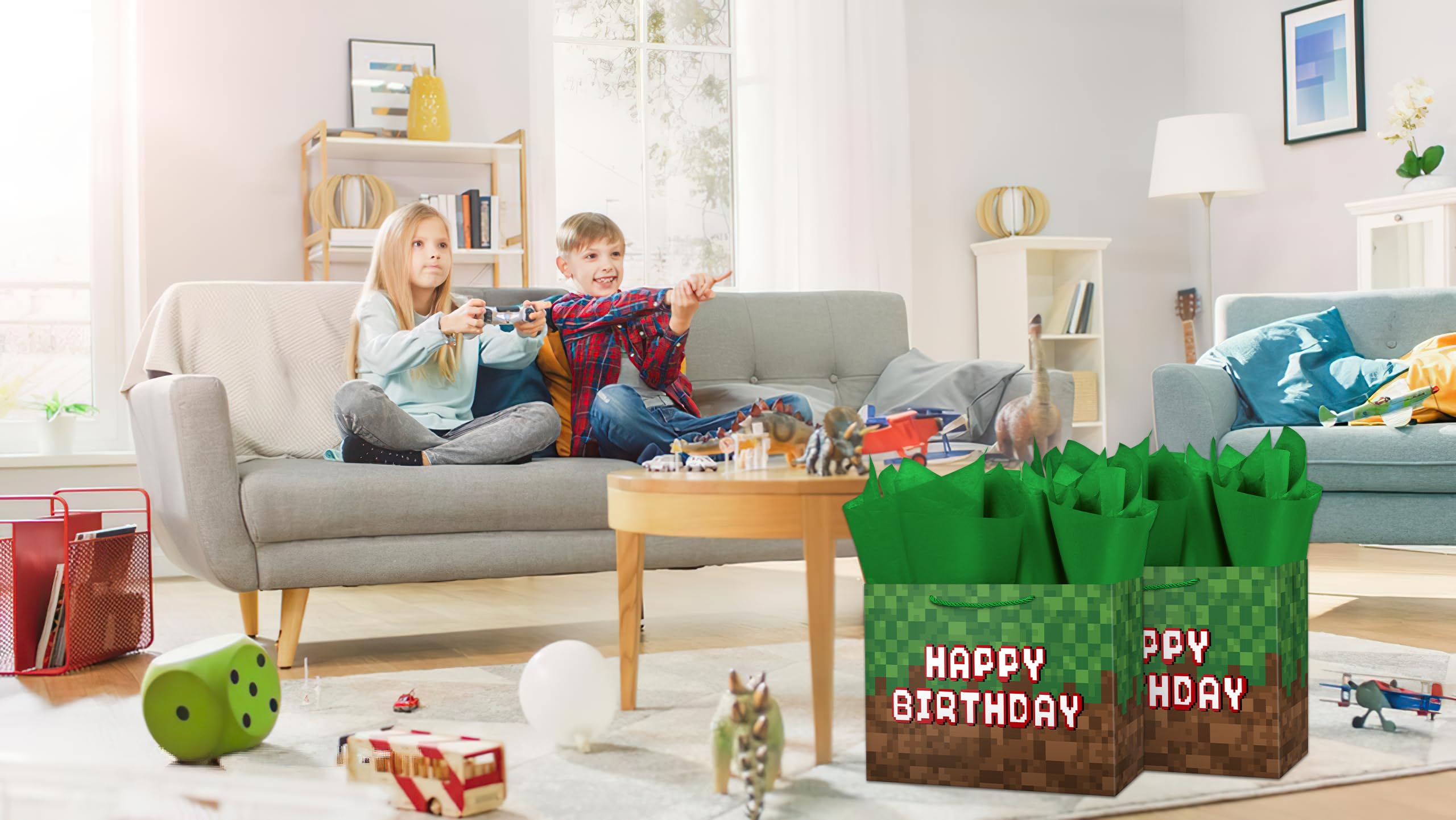 Ranfashiong 16" Extra Large Pixel Theme Birthday Boys Gift Bag with Tissue Paper and Card for Kids, Men Party Supplies (Green)