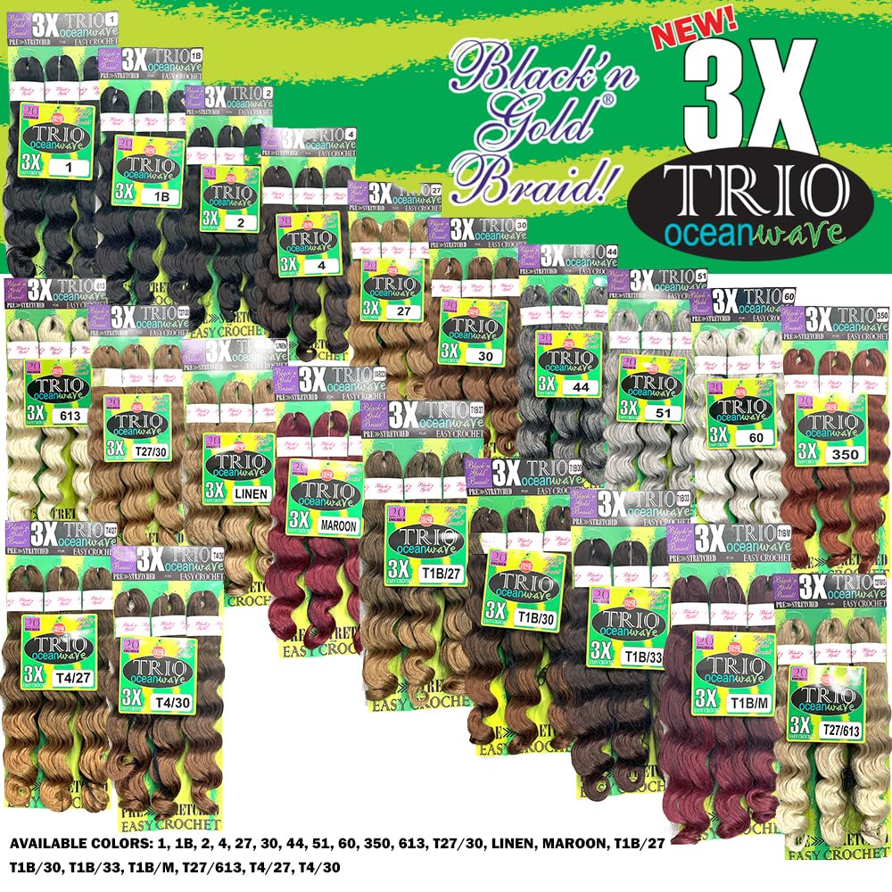 3X TRIO OCEAN WAVE 20" (3 PACK) 9 BUNDLES SYNTHETIC BRAIDING HAIR FOR CROCHET BRAIDING (#1B/33 OFF BLACK/DARK AUBURN)