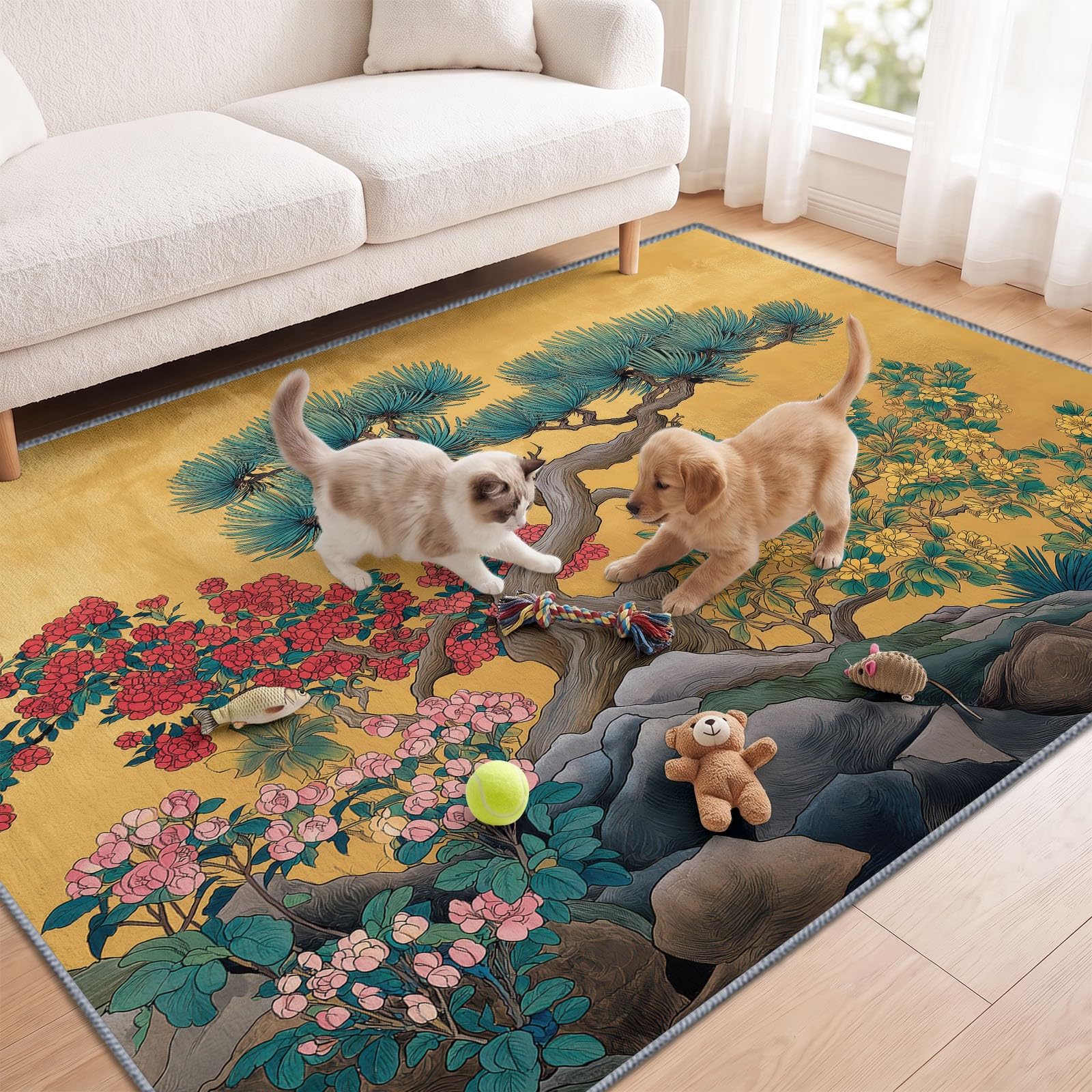 Tappeto a pelo corto, lavabile, antiscivolo, 140 x 200 cm, per soggiorno, camera da letto, aghi di pino, fiori, facile da pulire, morbido, durevole, rettangolare, orientale, classico, cucina e