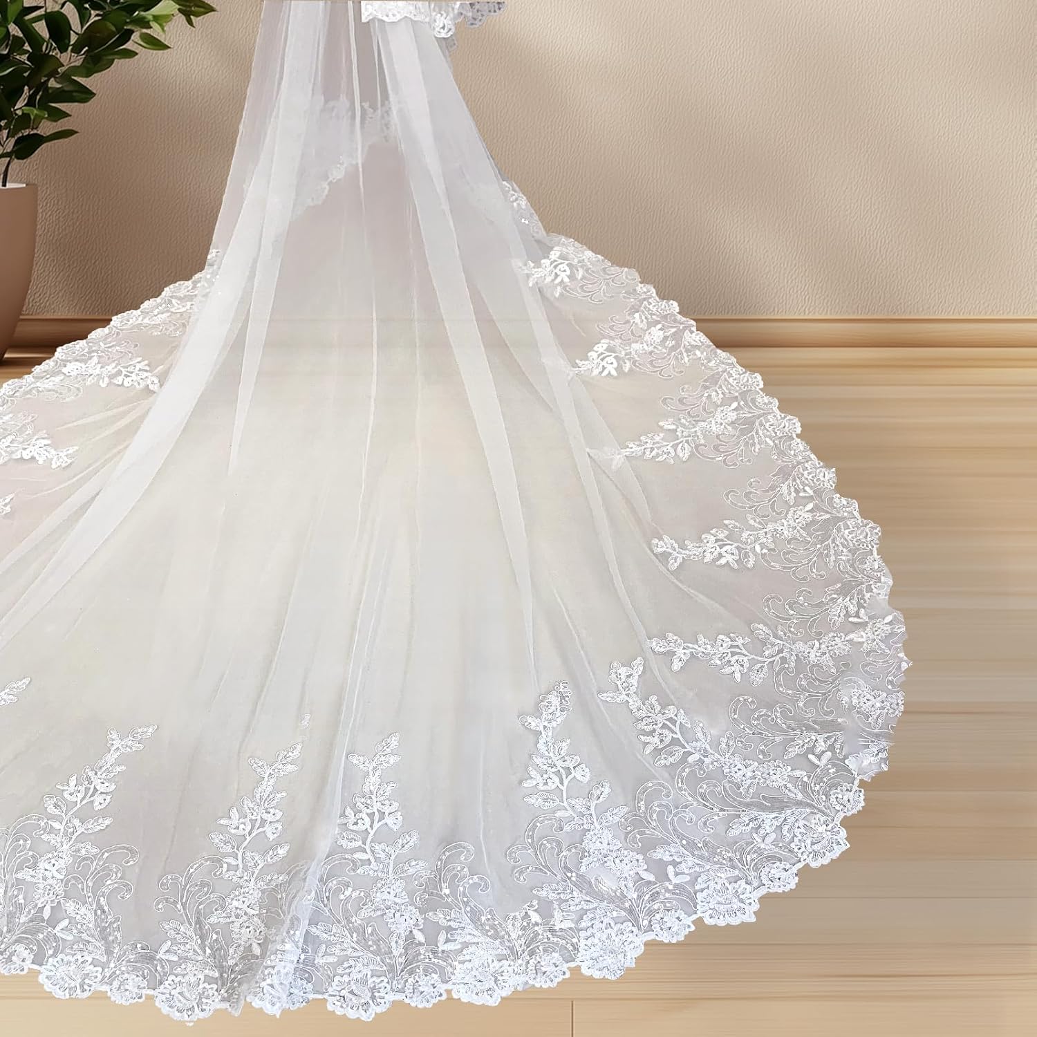 Kelaixiang Wedding Bridal Veil Cathedral Lace Edge Womem's Long Appliques Veil 2 Tier, Light Ivory