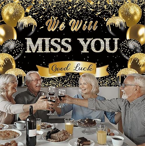 Miniatura 5 de Fondo de fiesta de despedida de jubilación We Will Miss You Black Gold Glitter Balloon Photography Background Goodbye Going Away Retirement Bye