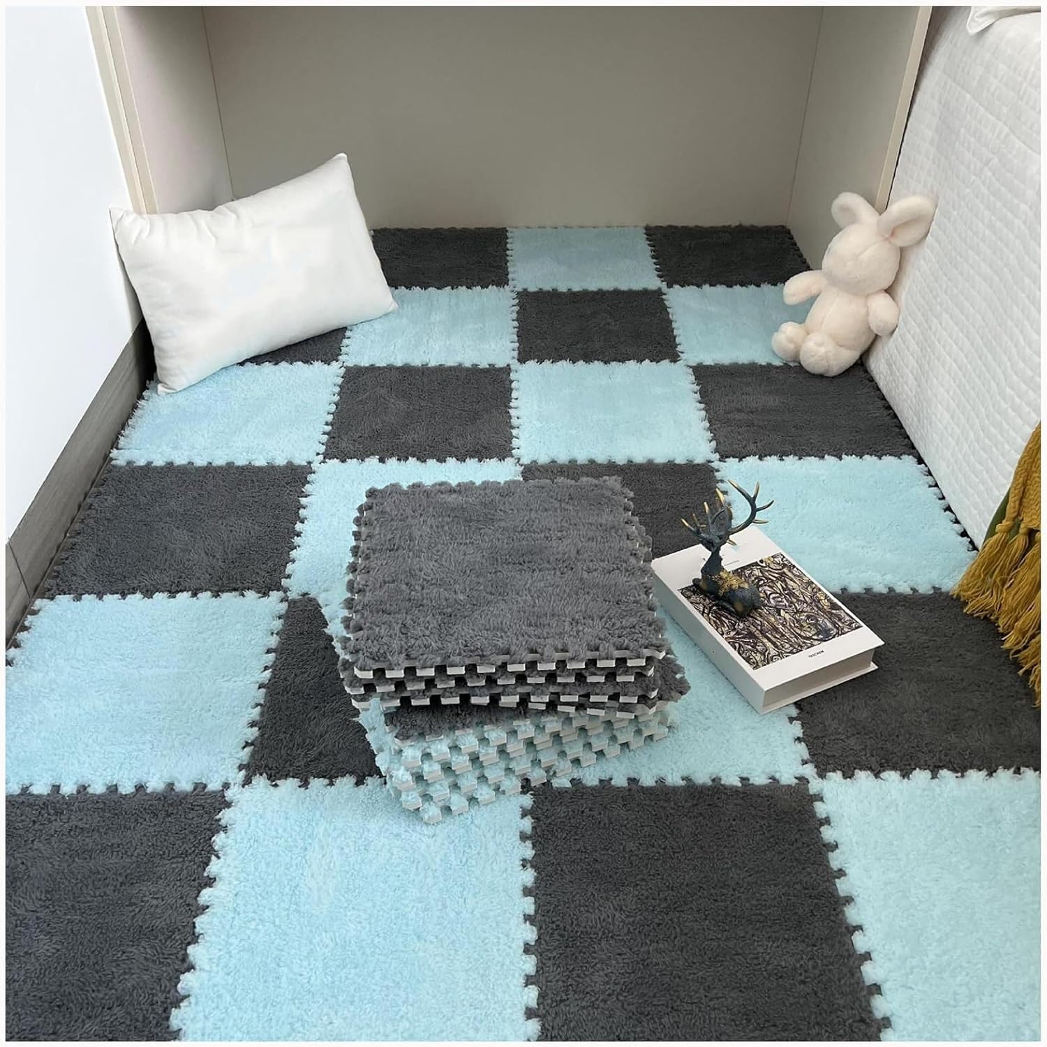 50pcs Plush Puzzle Foam Floor Mat Tiles, 12x12 in Square Shaggy Interlocking Carpet, Fluffy Anti-Slip Jigsaw for Playroom Living Room(Gray+Light Blue)
